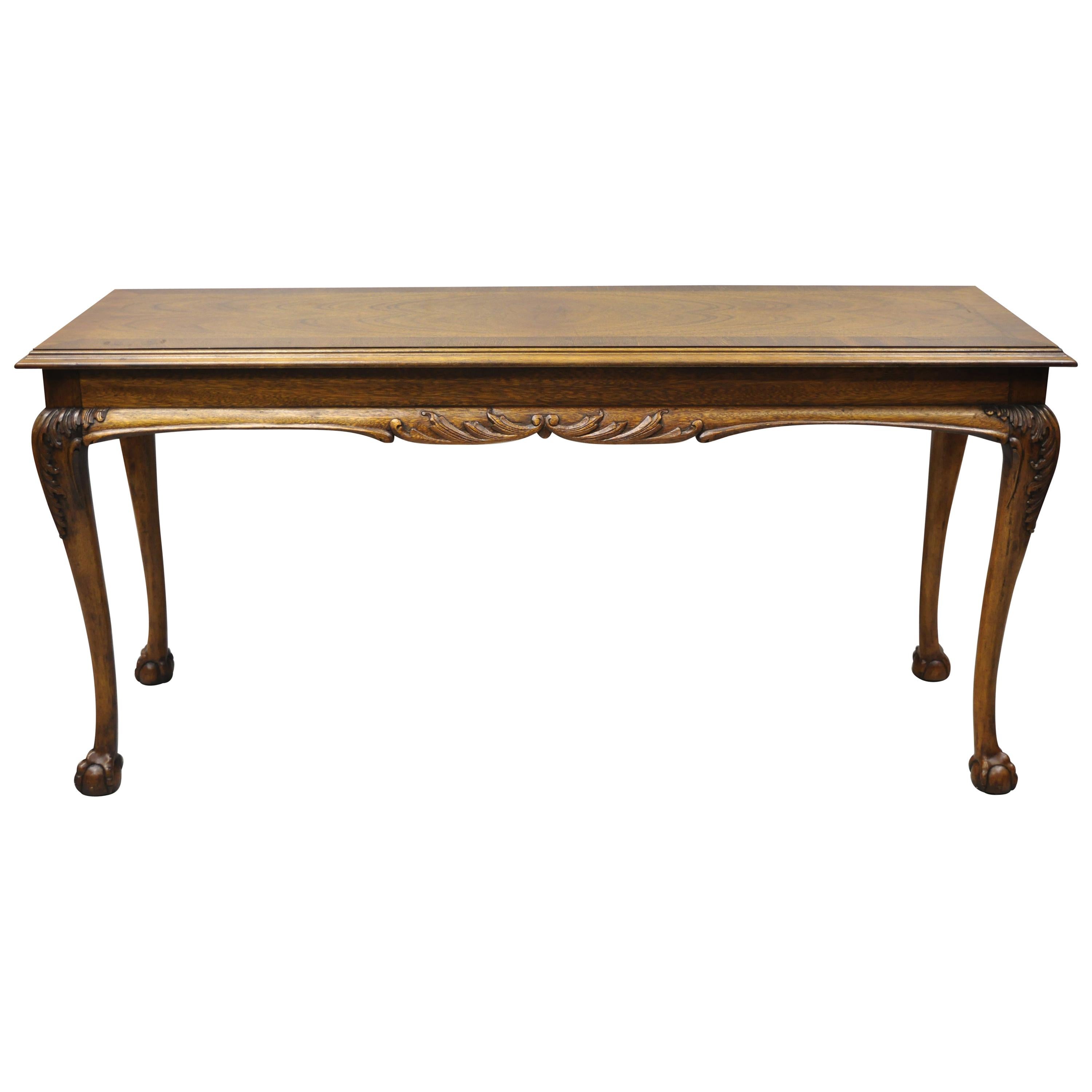 Lane Chinese Chippendale Banded Mahogany Ball and Claw Console Sofa Hall Table For Sale