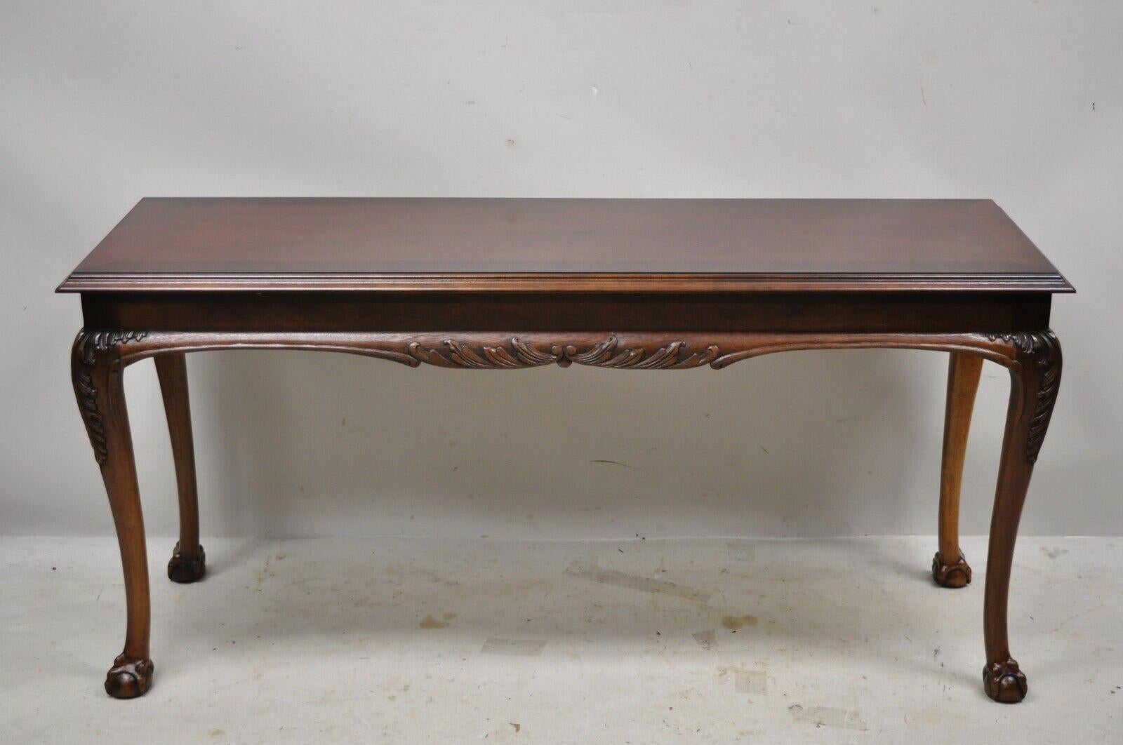 Lane Chinese Chippendale Georgian style mahogany ball and claw console sofa hall table. Item features solid wood construction, beautiful wood grain, carved ball and claw feet, banded top, quality American craftsmanship, great style and form.