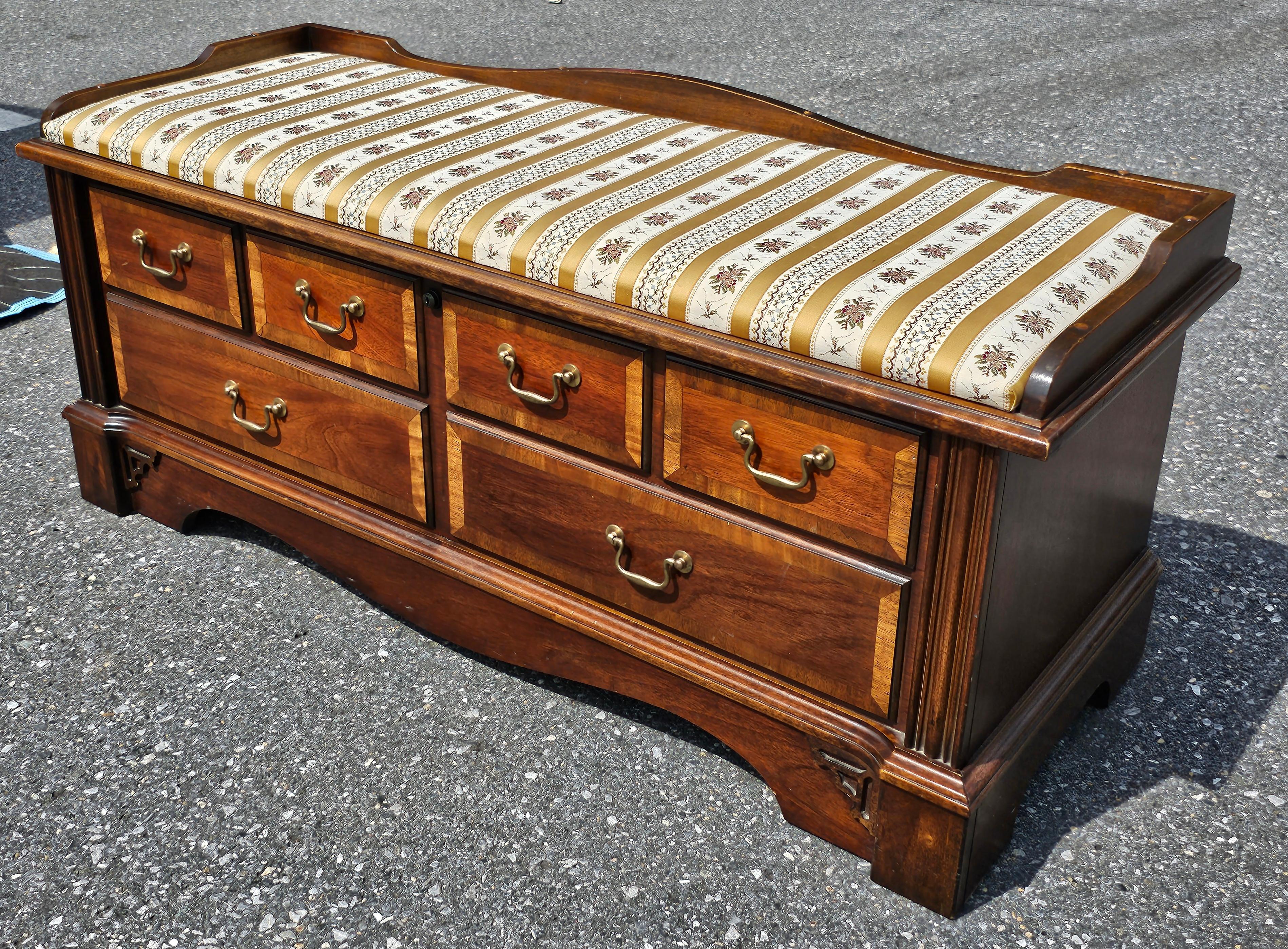 An exquisite Lane Furniture Chippendale Style Cedar Lined and  Banded Mahogany Blanket Chest and Upholtered top Bench. Great vintage condition. Measures 48