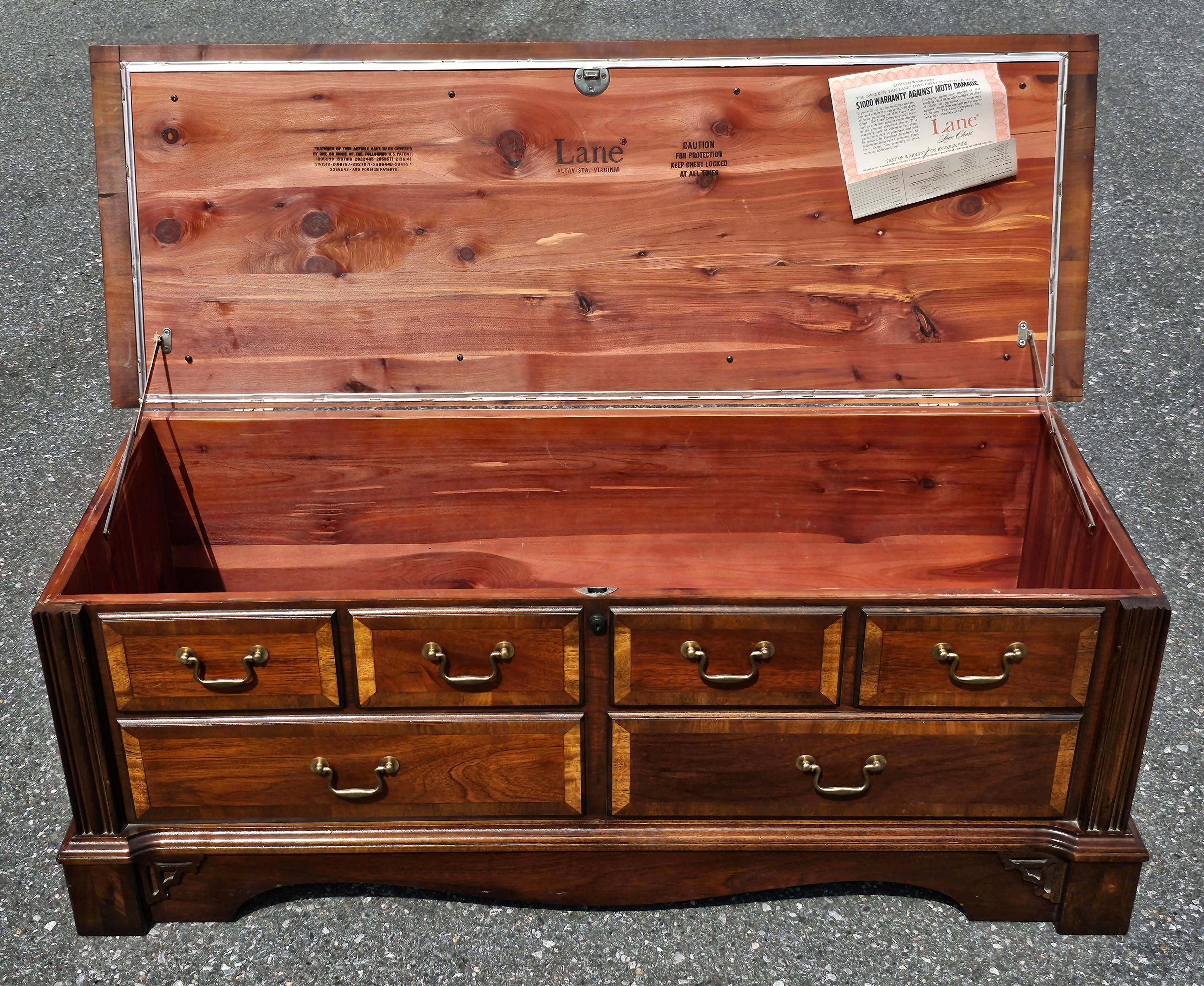 American Lane Chippendale Cedar Lined Banded Mahogany Blanket Chest and Upholstered Bench For Sale