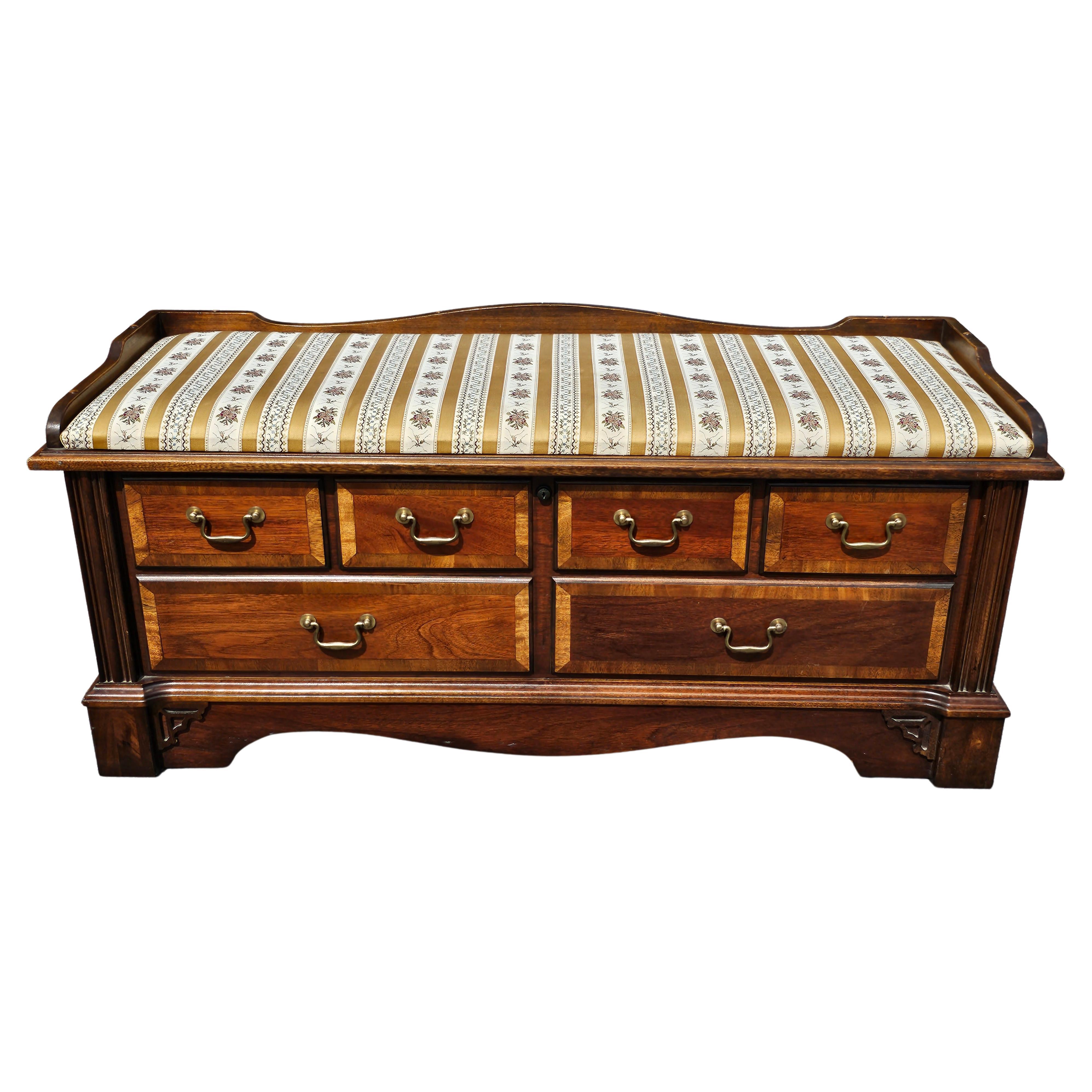 Lane Chippendale Cedar Lined Banded Mahogany Blanket Chest and Upholstered Bench