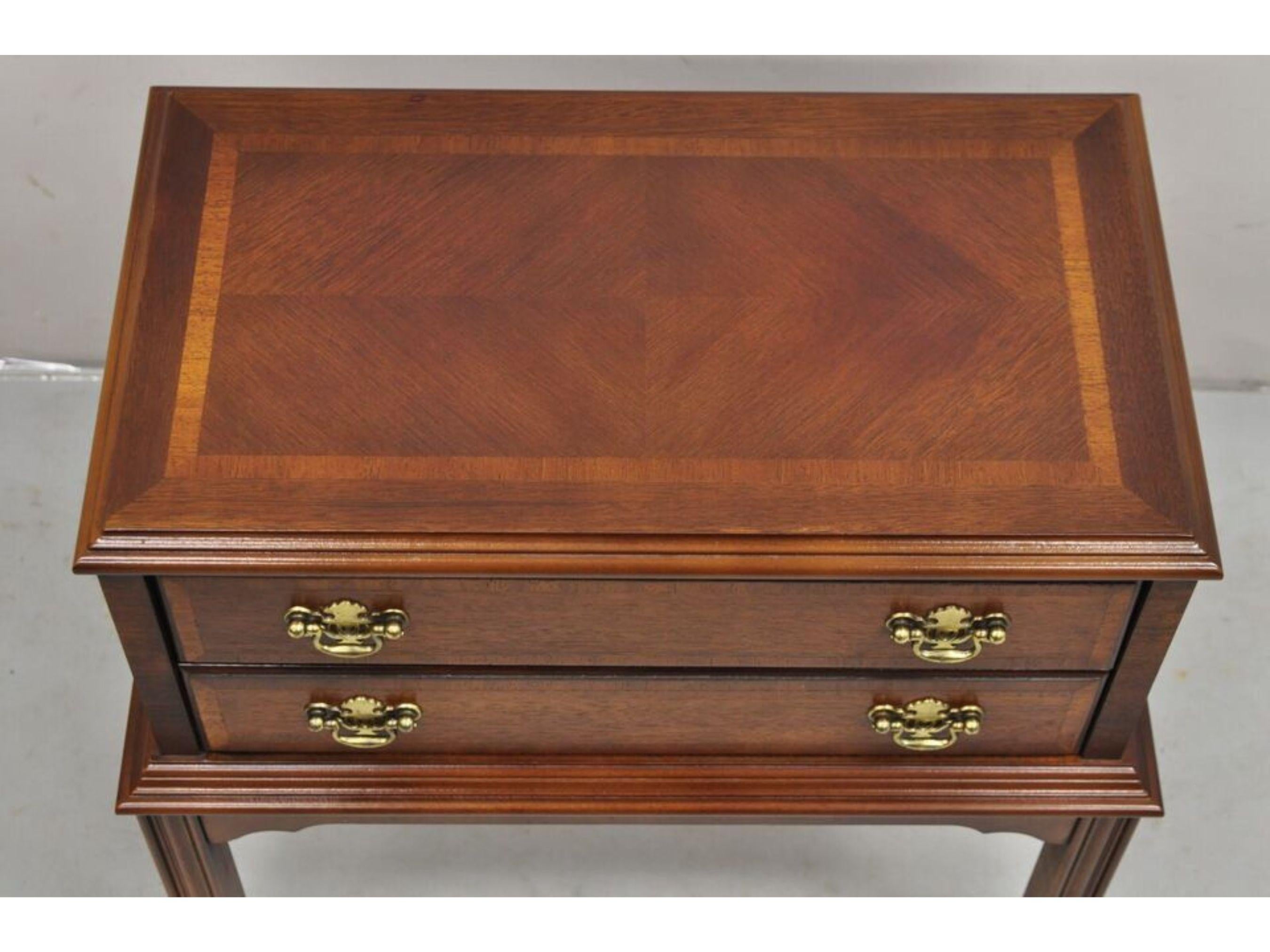 20th Century Lane Chippendale Style Banded Mahogany Wood 2 Drawer Small Side Table Chest