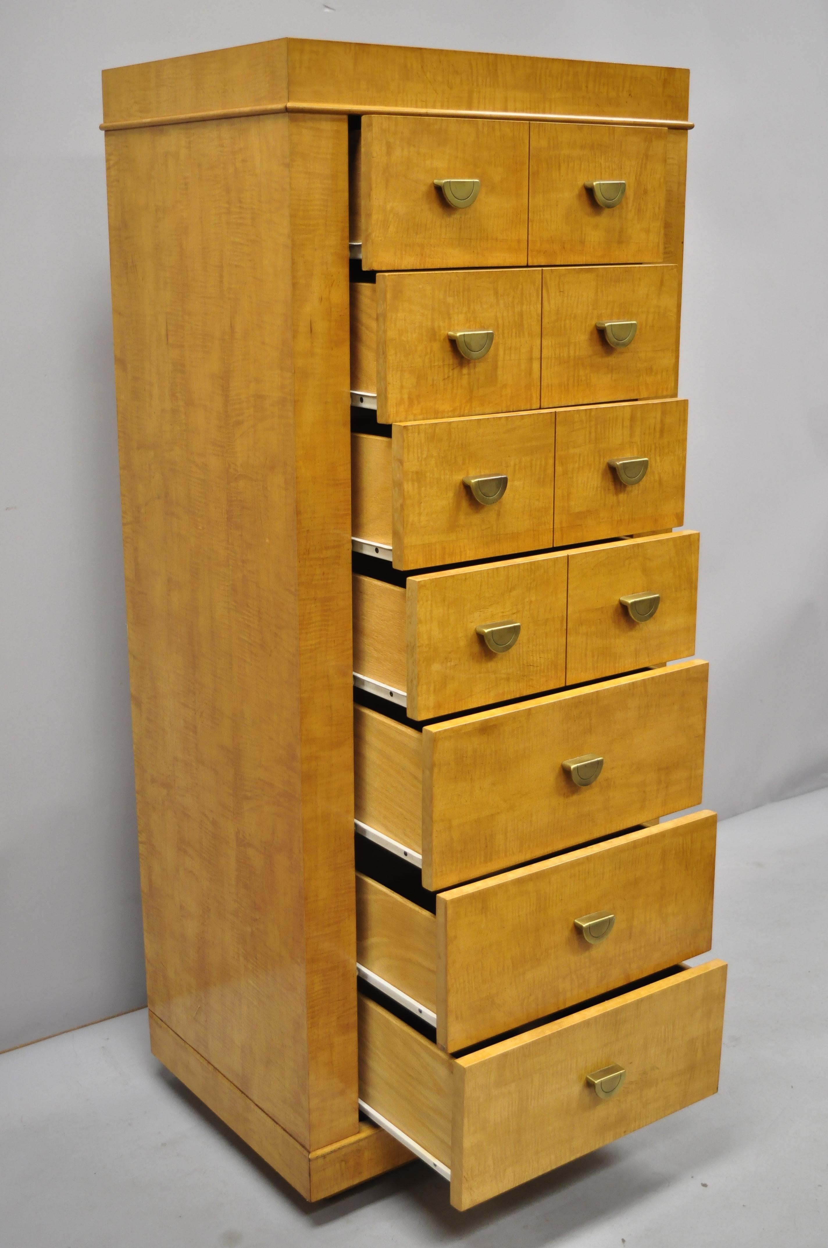 Lane contemporary modern 7-drawer tiger maple tall lingerie chest. Item features beautiful wood grain, 7 drawers, solid brass hardware, quality American craftsmanship, circa late 20th century. Measurements: 58.5