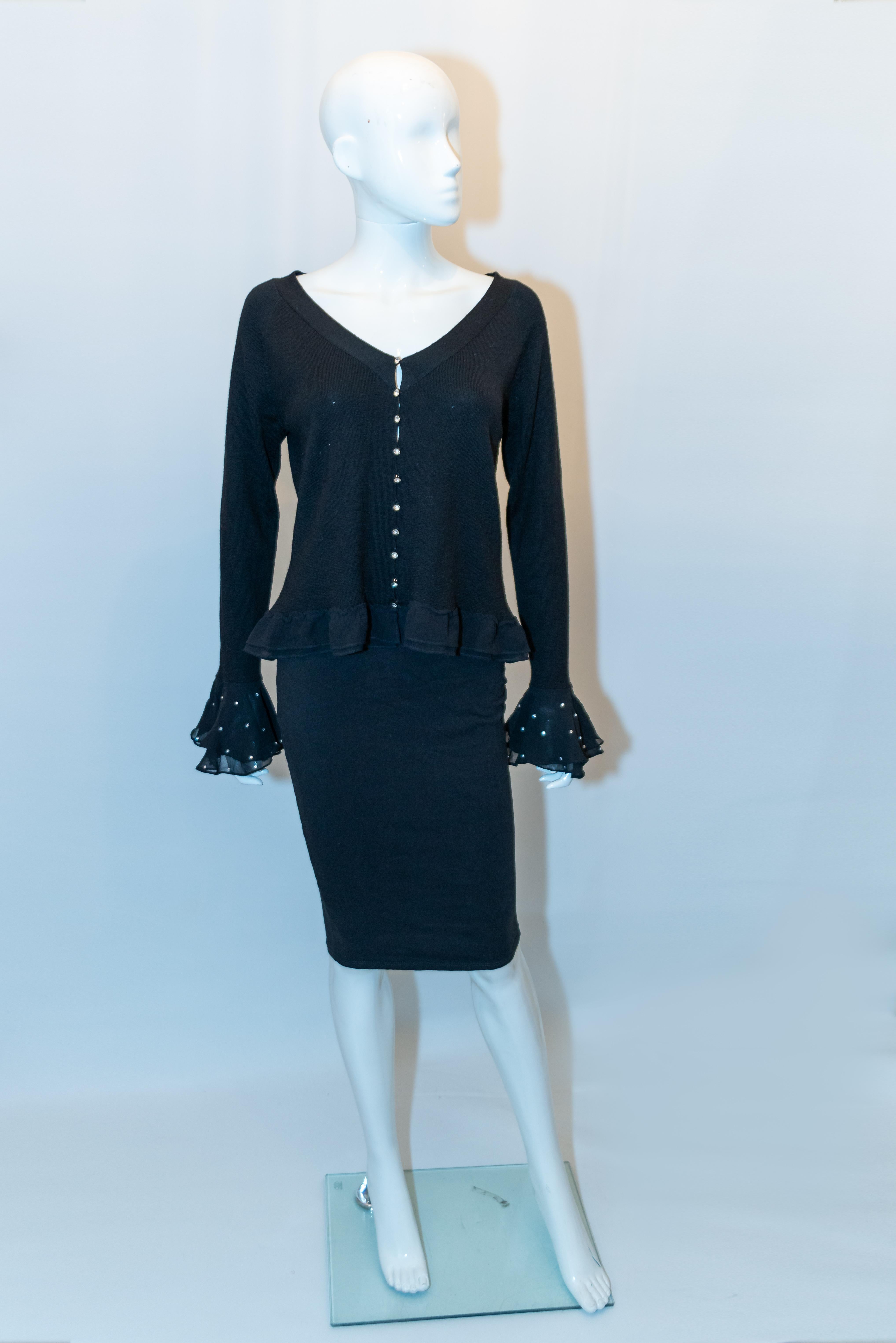 Lane Crawford Black Wool Cardigan with Diamante Buttons & Chiffon Cuffs and Hem In Good Condition In London, GB
