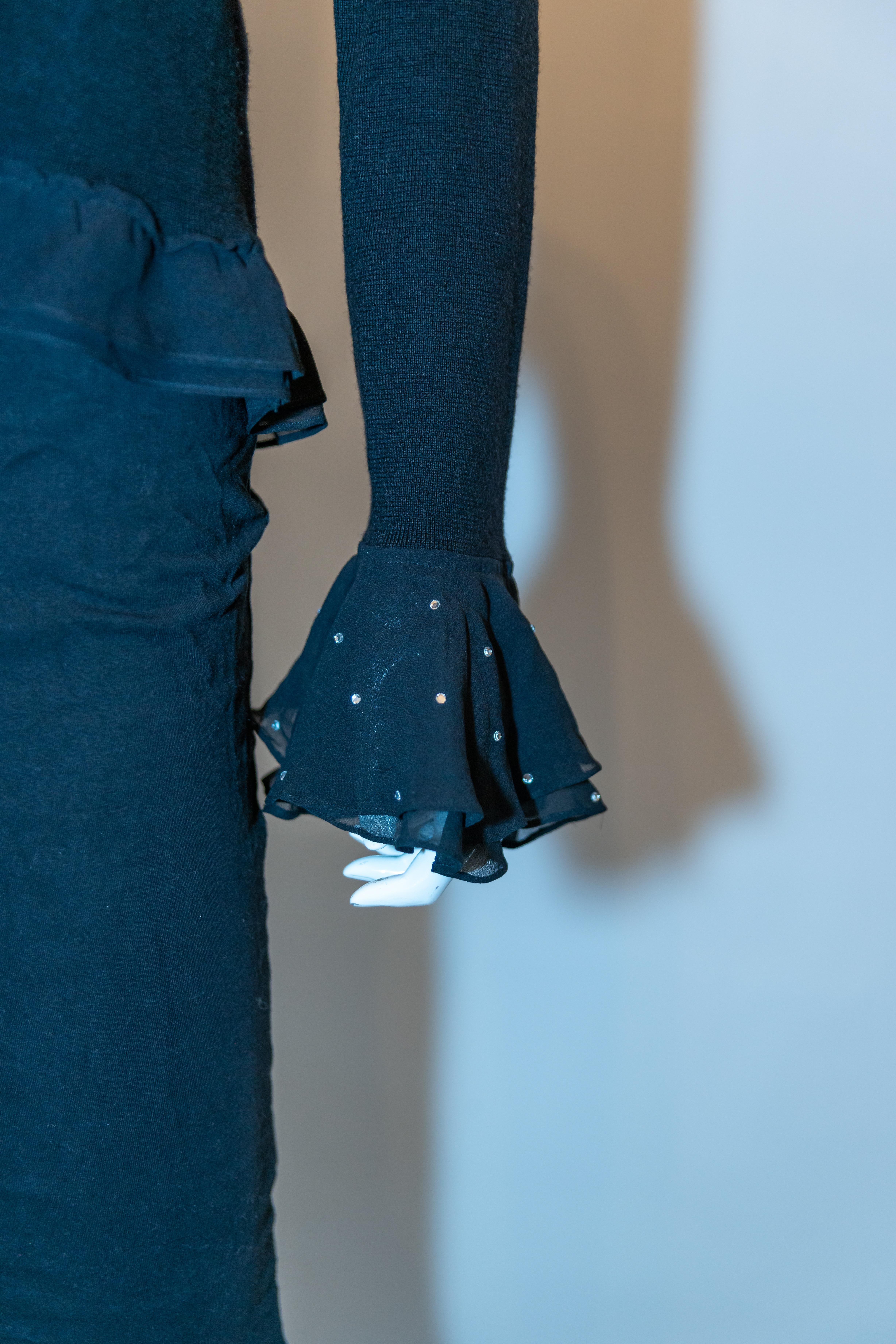 Women's Lane Crawford Black Wool Cardigan with Diamante Buttons & Chiffon Cuffs and Hem