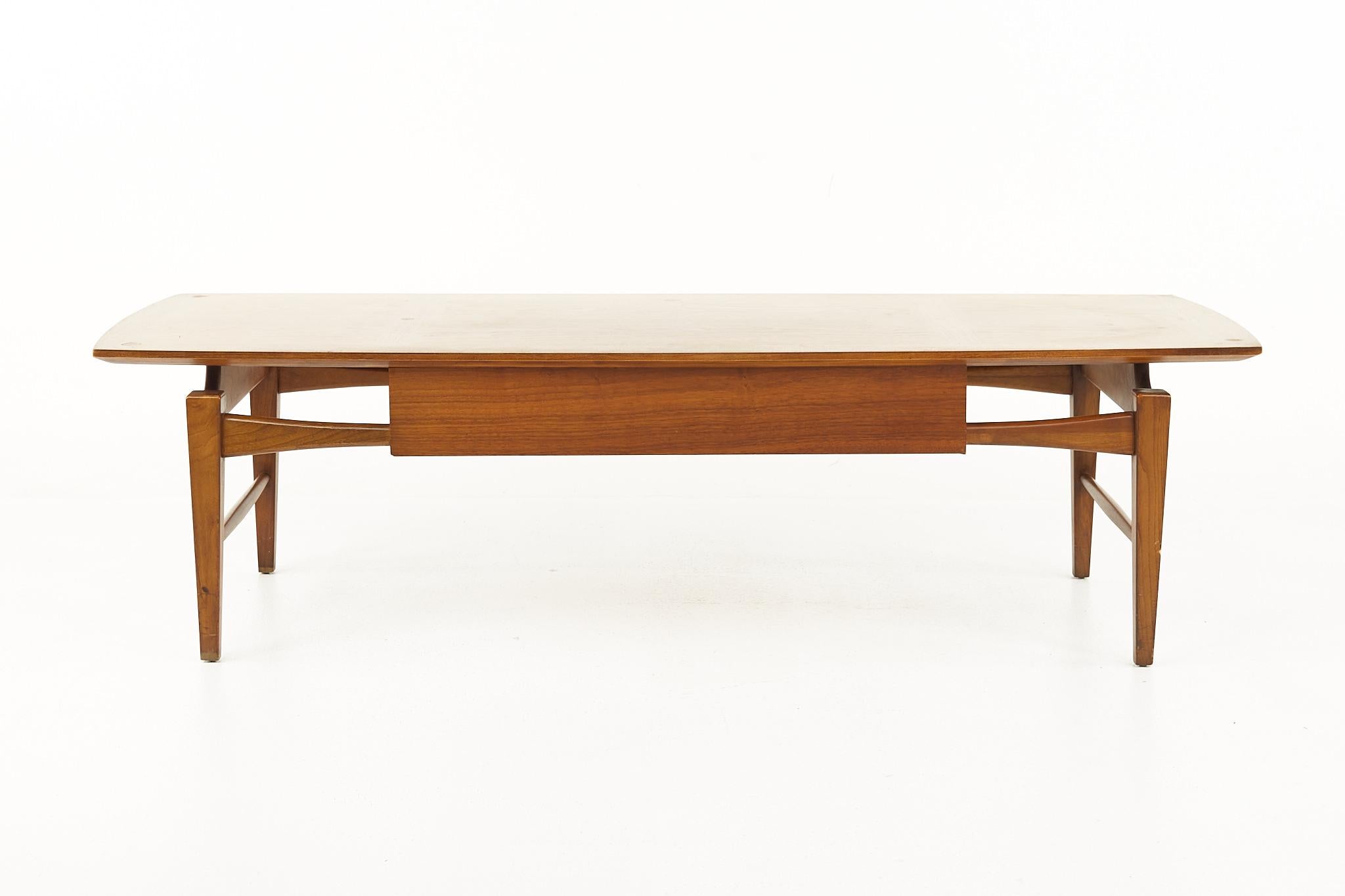 American Lane Esteem Mid Century Walnut and Cane Front Inlaid Coffee Table