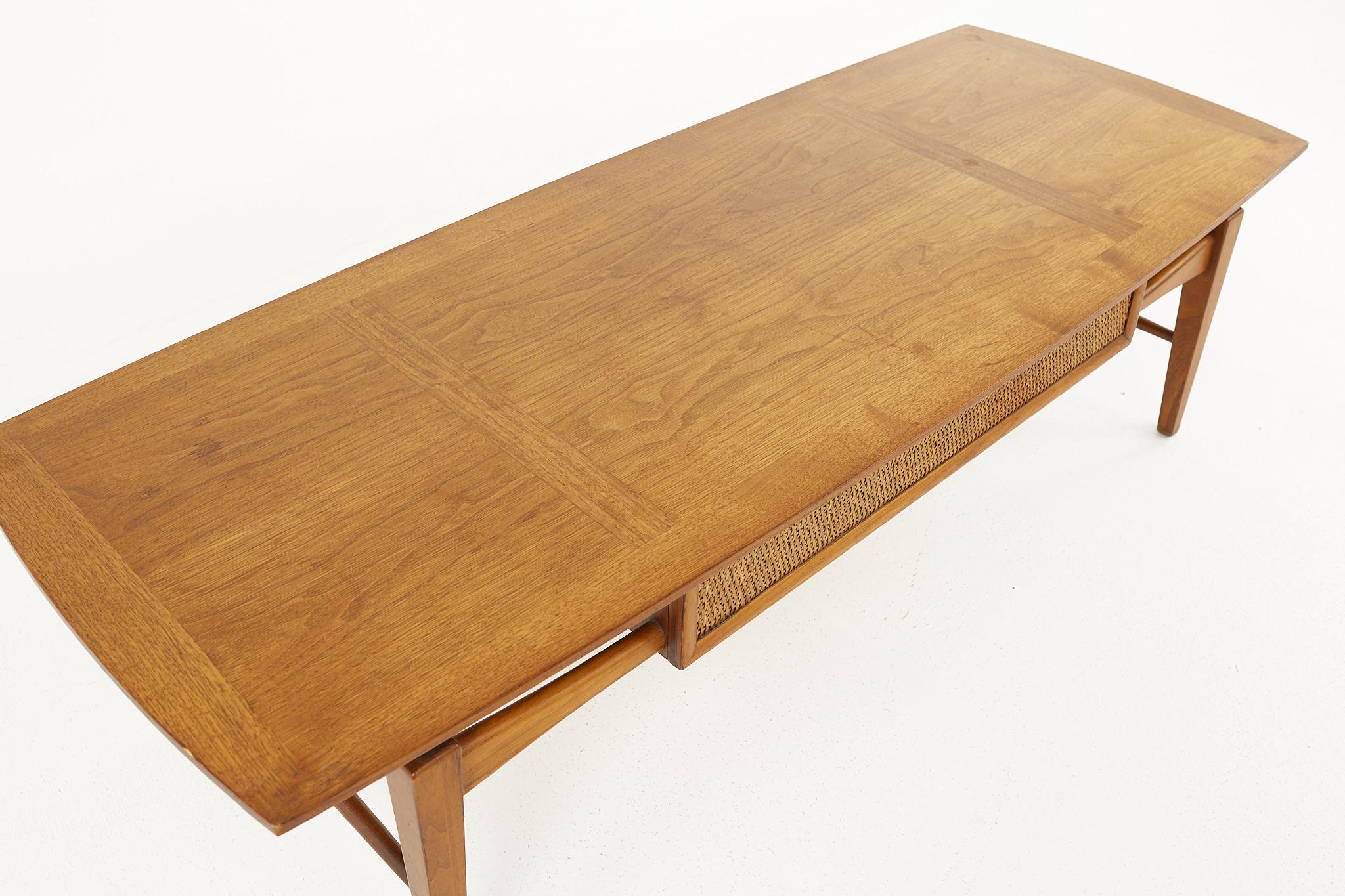 Late 20th Century Lane Esteem Mid Century Walnut and Cane Front Inlaid Coffee Table