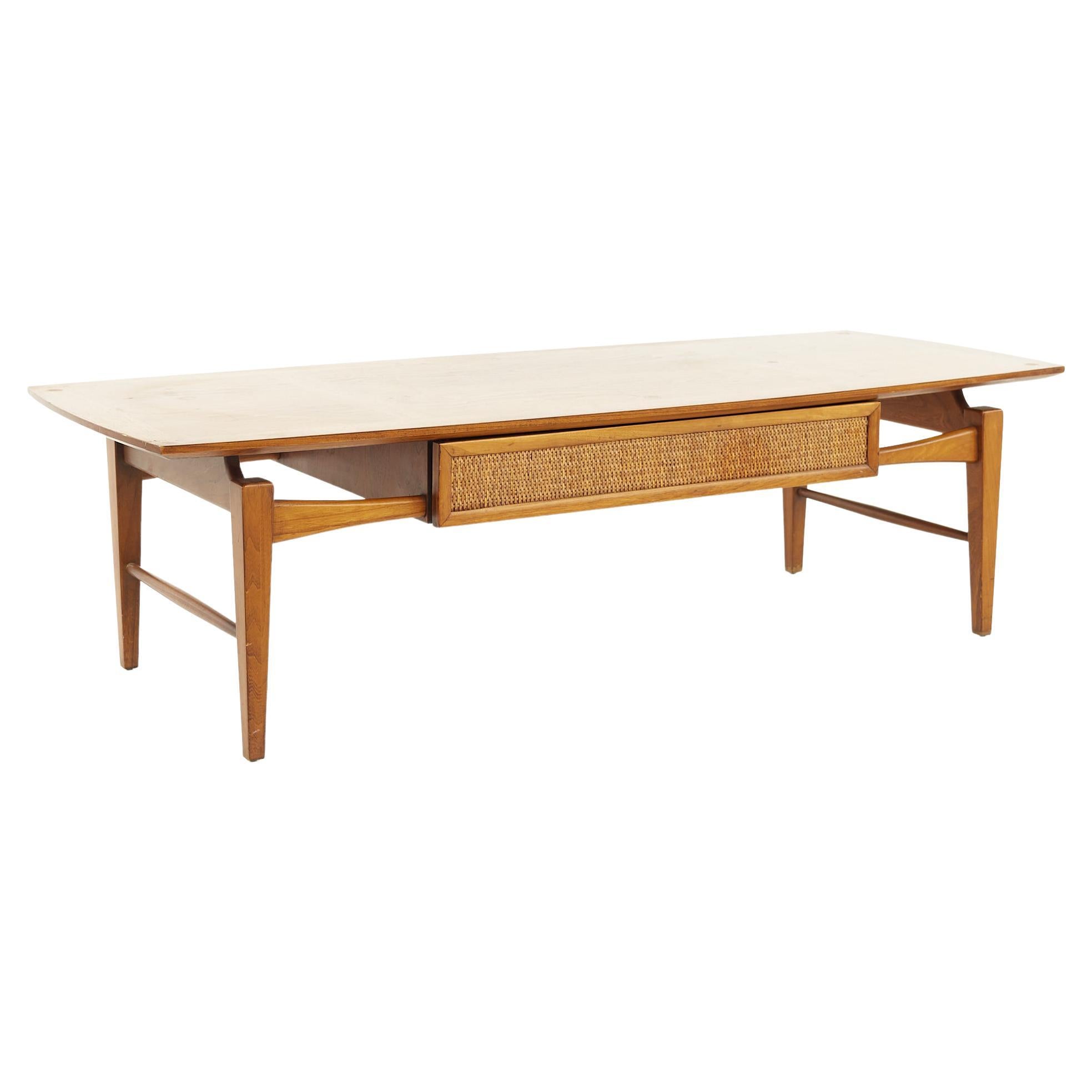 Lane Esteem Mid Century Walnut and Cane Front Inlaid Coffee Table