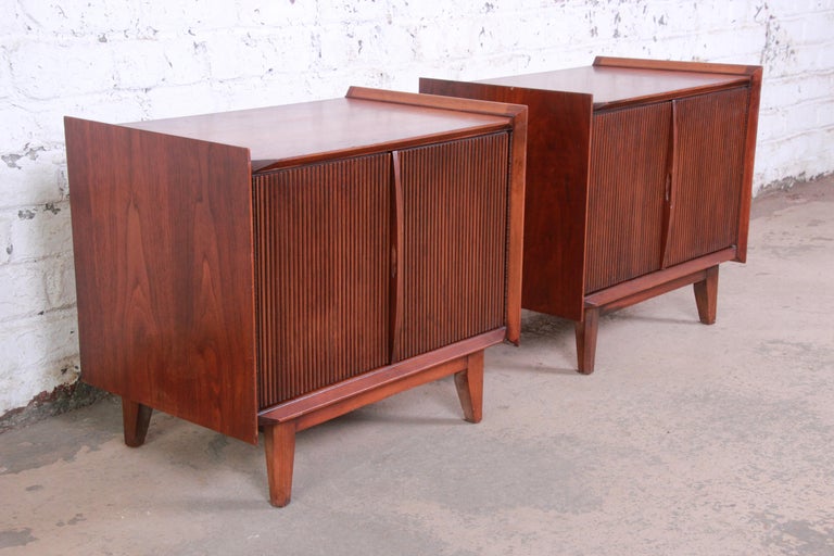 Lane First Edition MidCentury Modern Sculpted Walnut Nightstands, Pair
