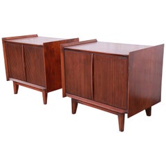 Lane First Edition Mid-Century Modern Sculpted Walnut Nightstands, Pair