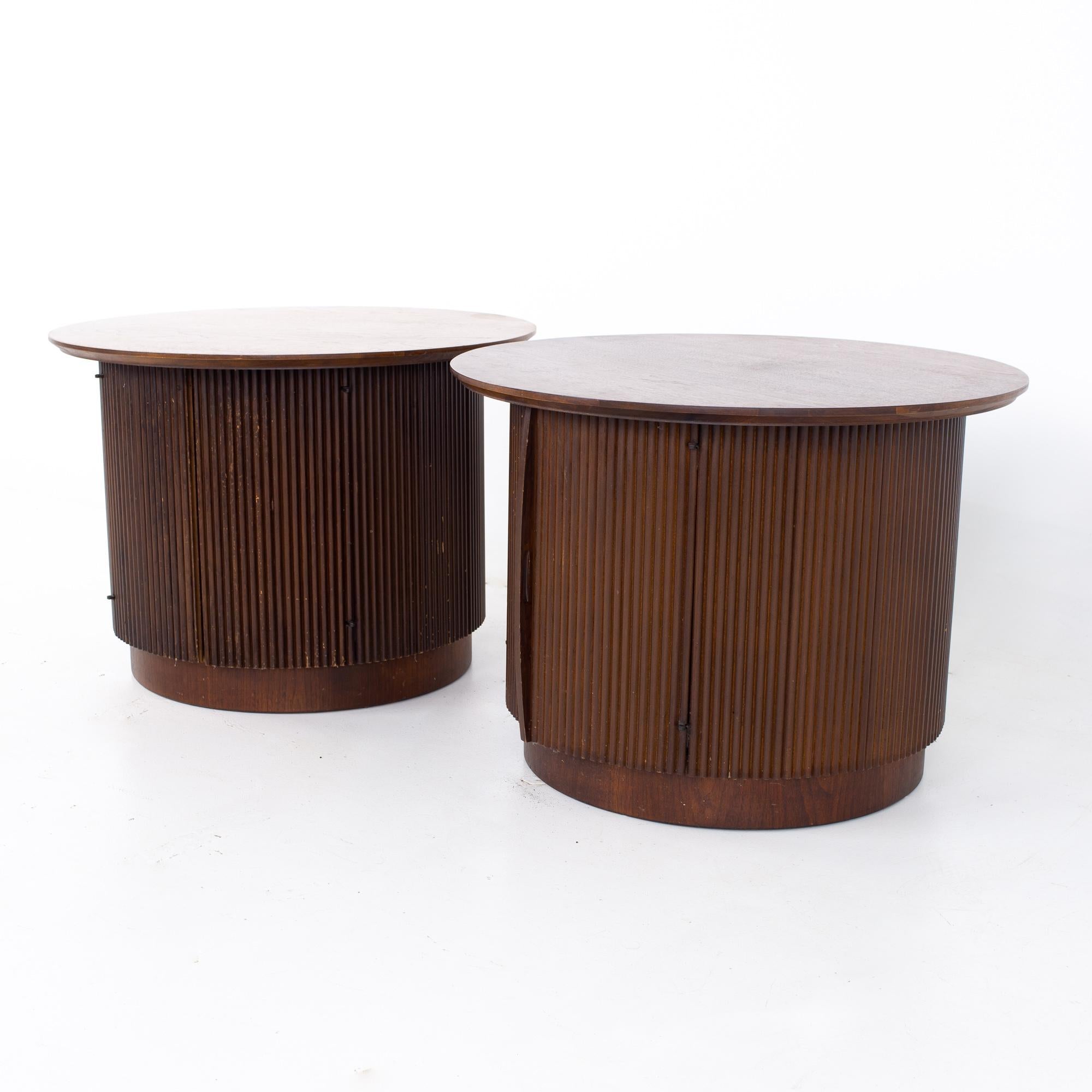 Lane First Edition mid century round cabinet end tables - a pair
Each table measures: 28 wide x 28 deep x 20.25 inches high

All pieces of furniture can be had in what we call restored vintage condition. That means the piece is restored upon