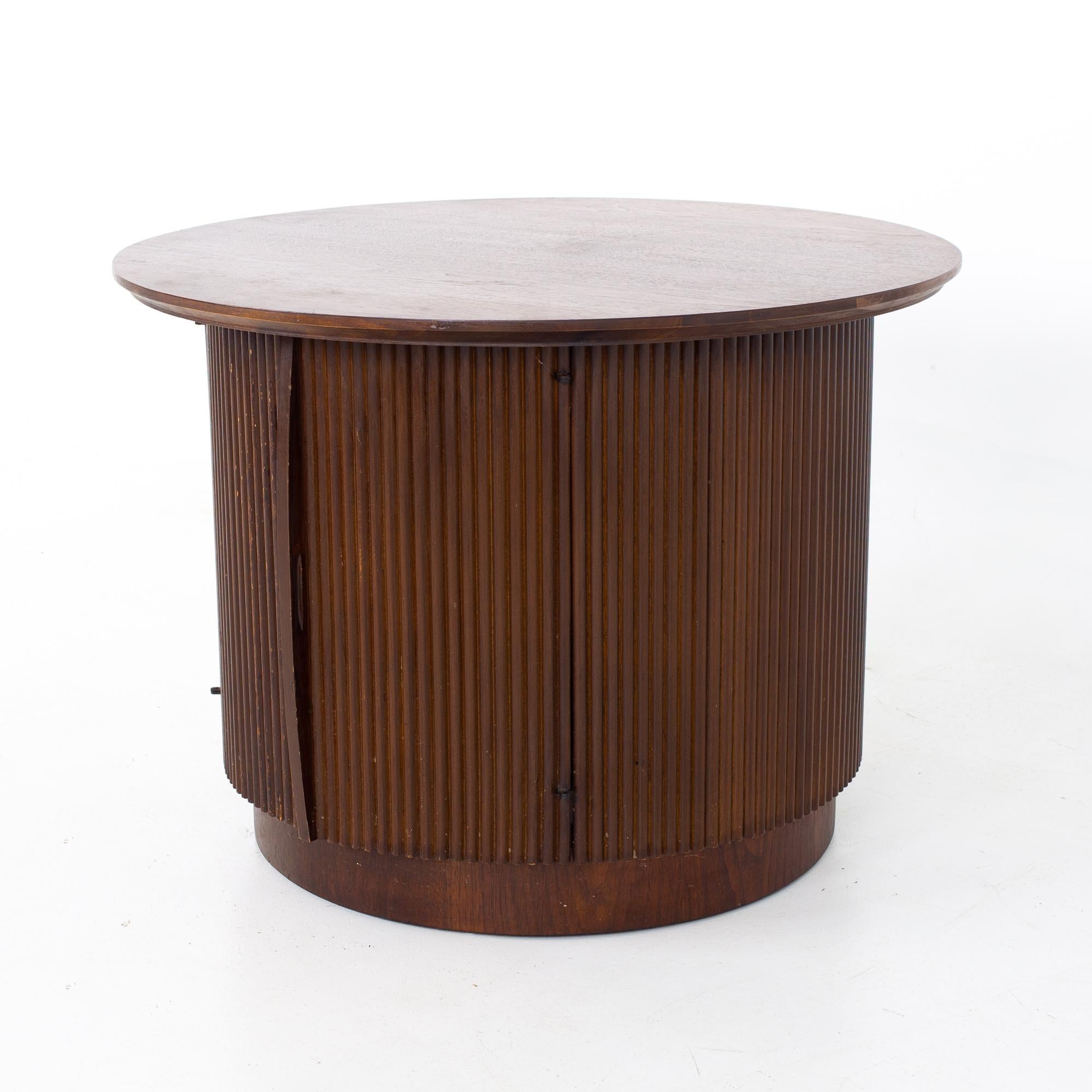 Late 20th Century Lane First Edition Mid Century Round Cabinet End Tables, a Pair