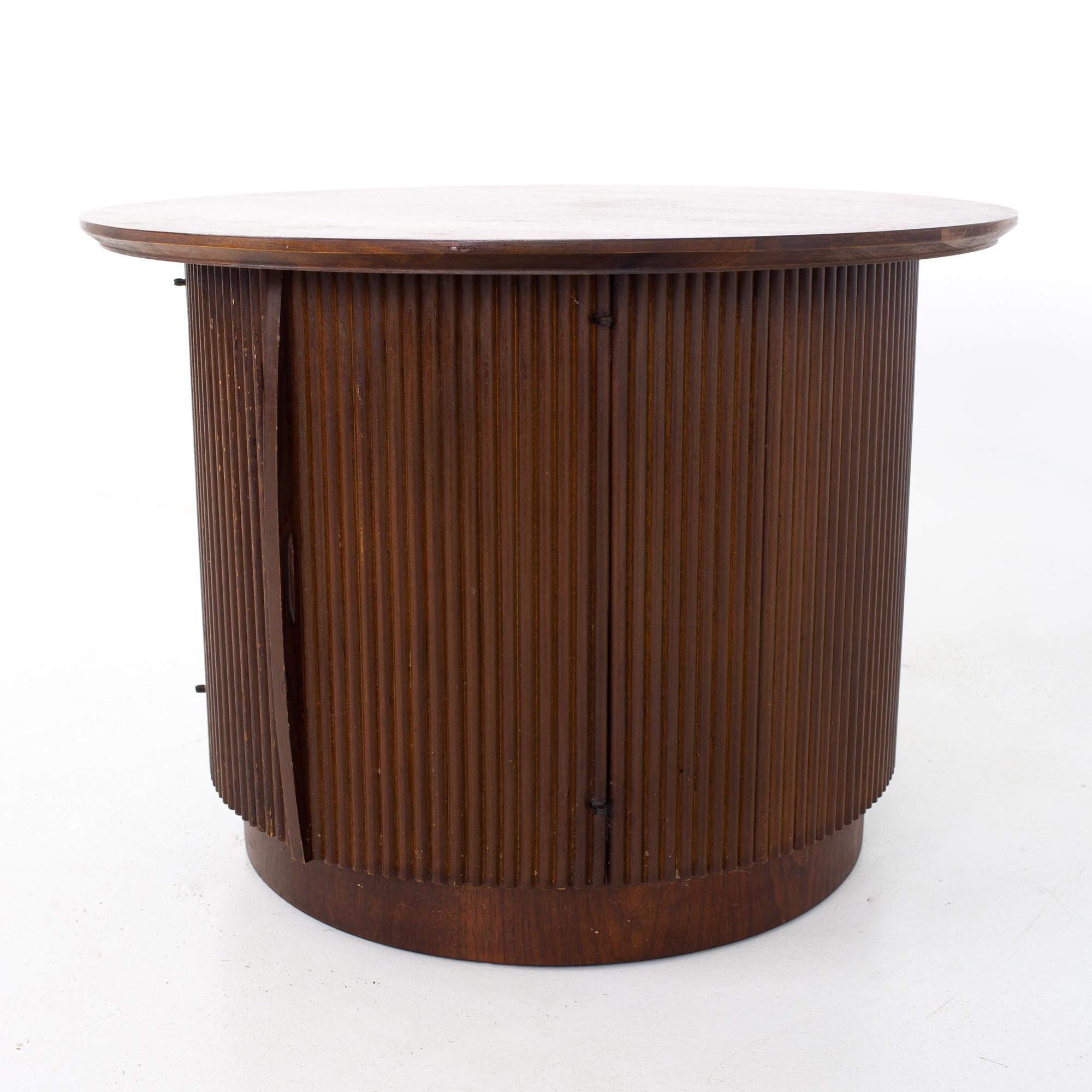 Wood Lane First Edition Mid Century Round Cabinet End Tables, a Pair