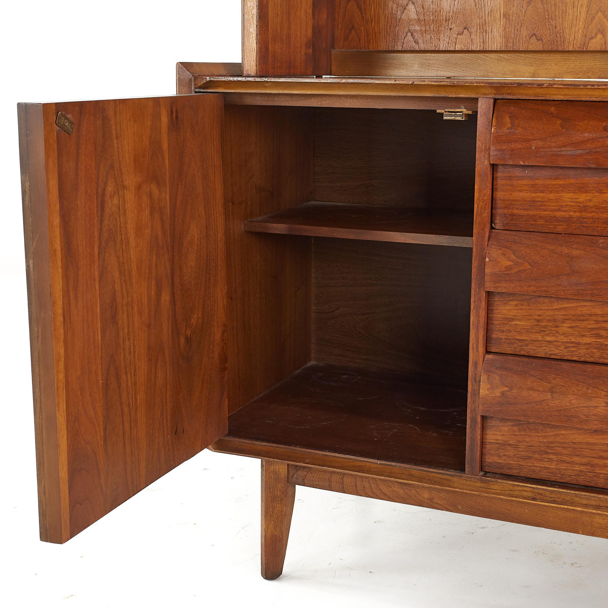 Glass Lane First Edition Mid Century Walnut Buffet and Hutch For Sale