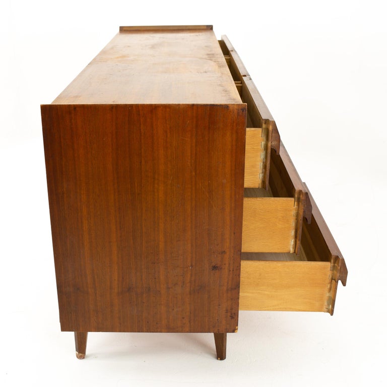 Lane First Edition Midcentury Walnut 9Drawer Lowboy Dresser at 1stDibs