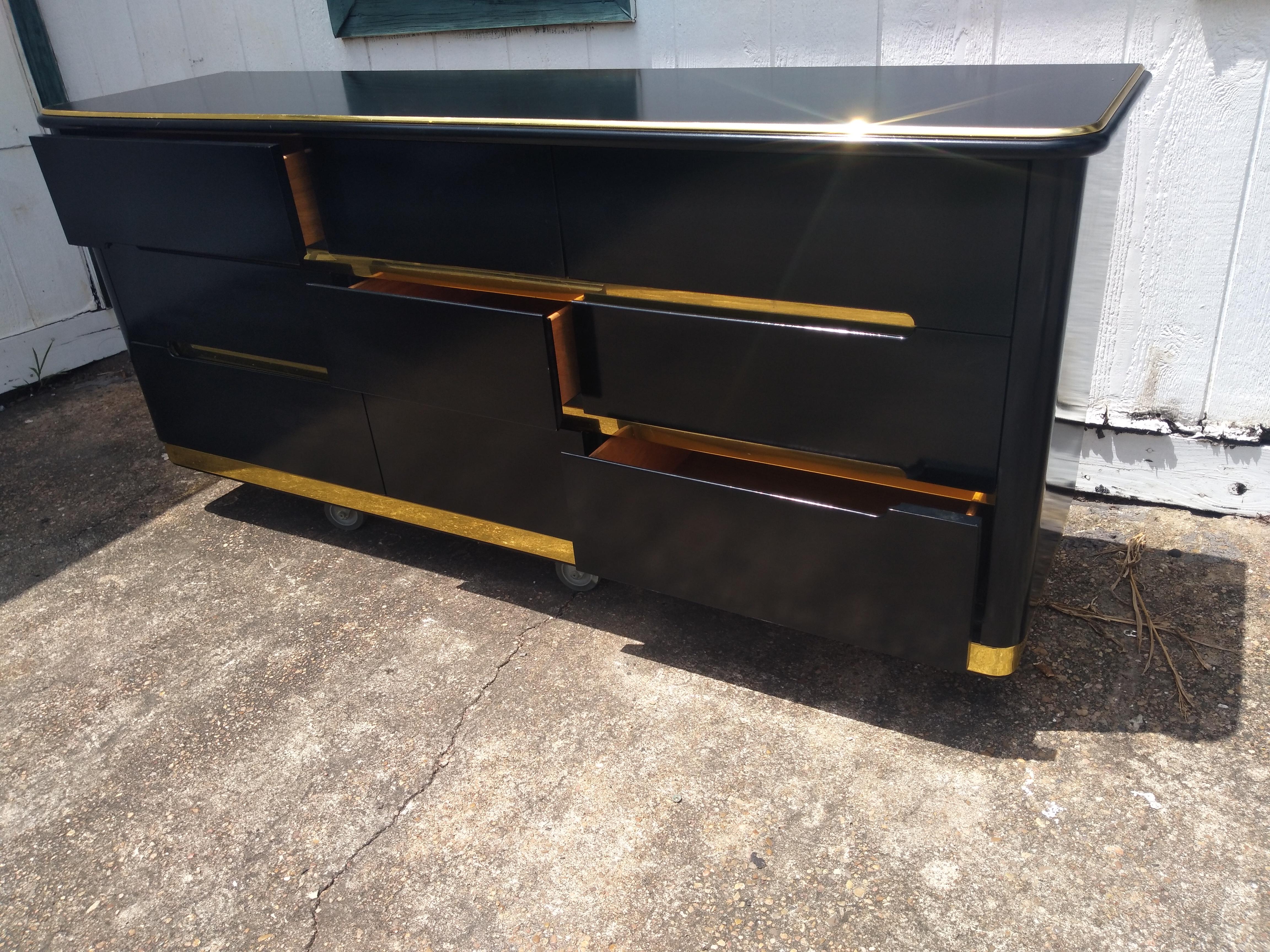 American Lane Furniture Black Lacquer and Brass 9 Drawer Dresser