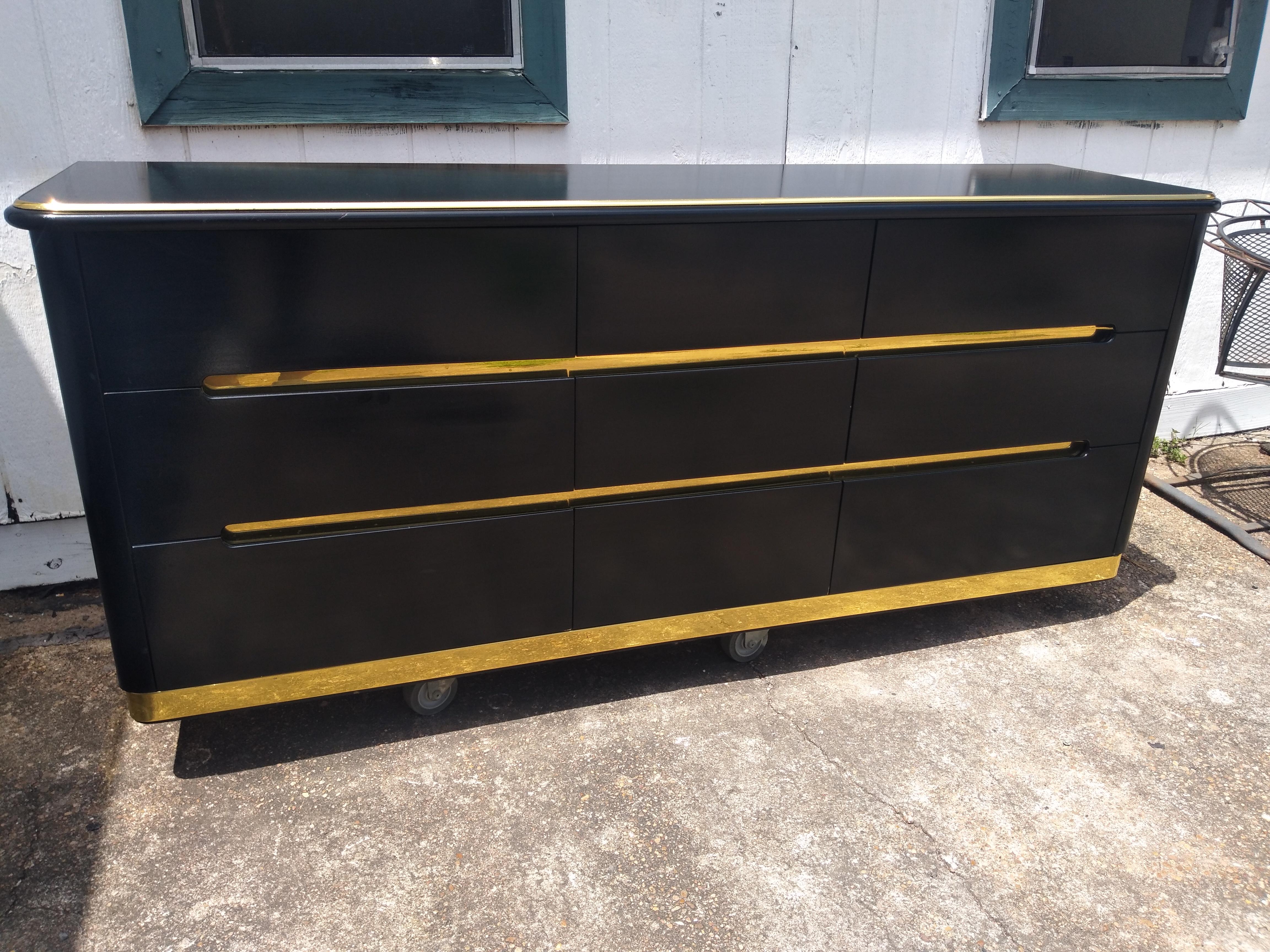 20th Century Lane Furniture Black Lacquer and Brass 9 Drawer Dresser