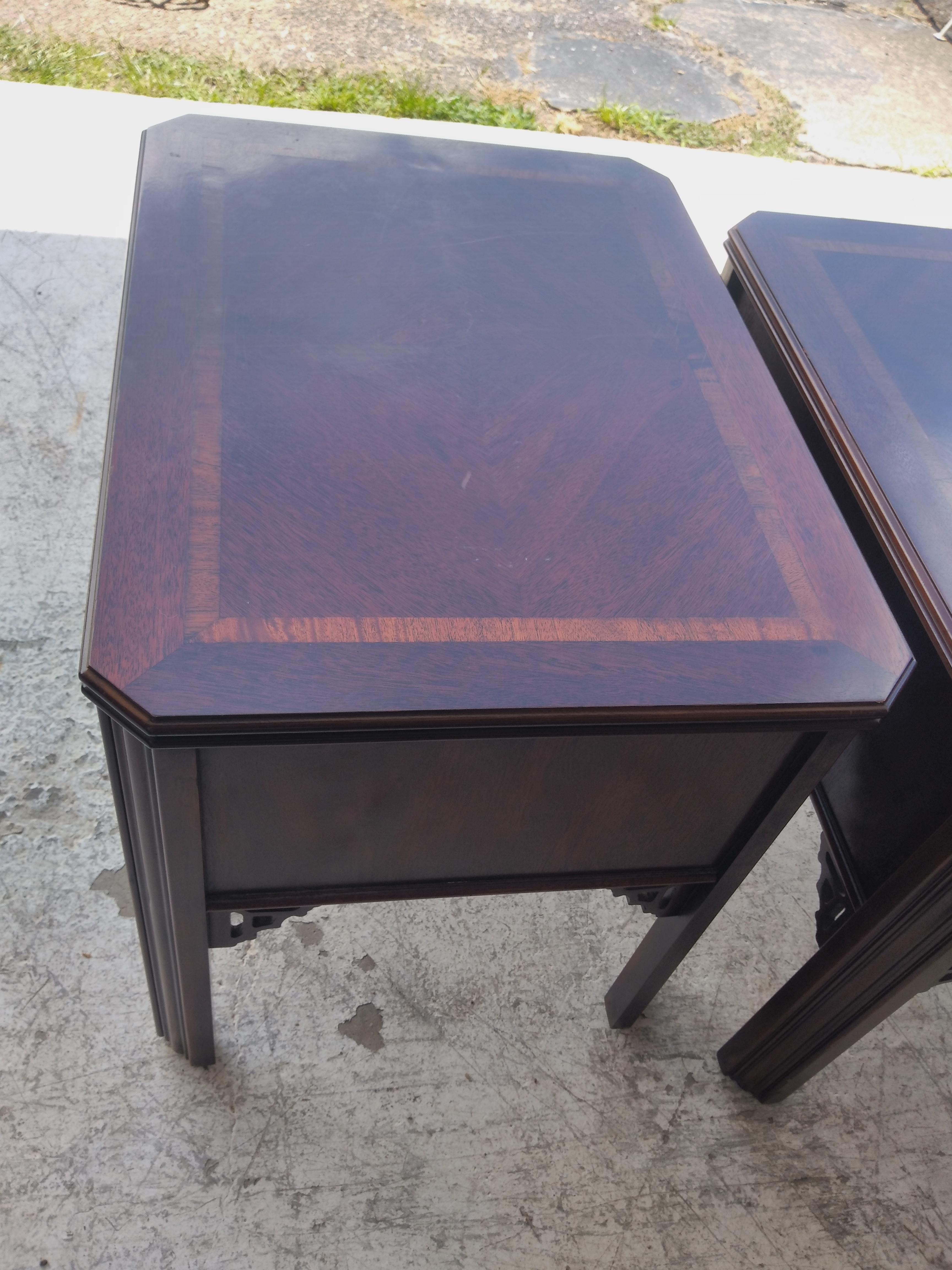 This pair of Chippendale Mahogany end tables will make a nice addition to any home. They have beautiful brass pulls and a single deep drawer for lots of storage. They even make for nice nightstands also.