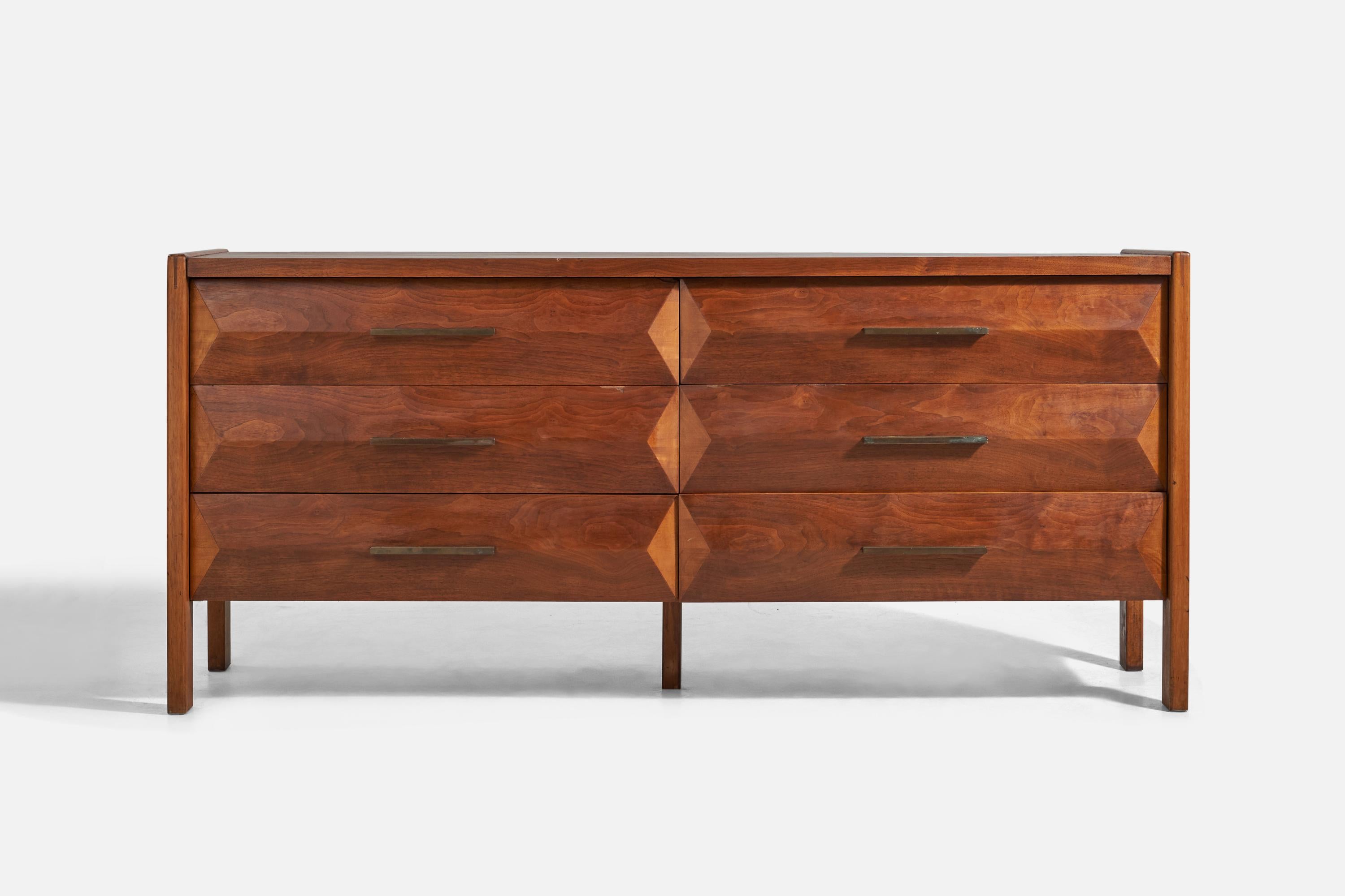 Mid-Century Modern Lane Furniture, Dresser, Oak, Brass, USA, 1970s For Sale