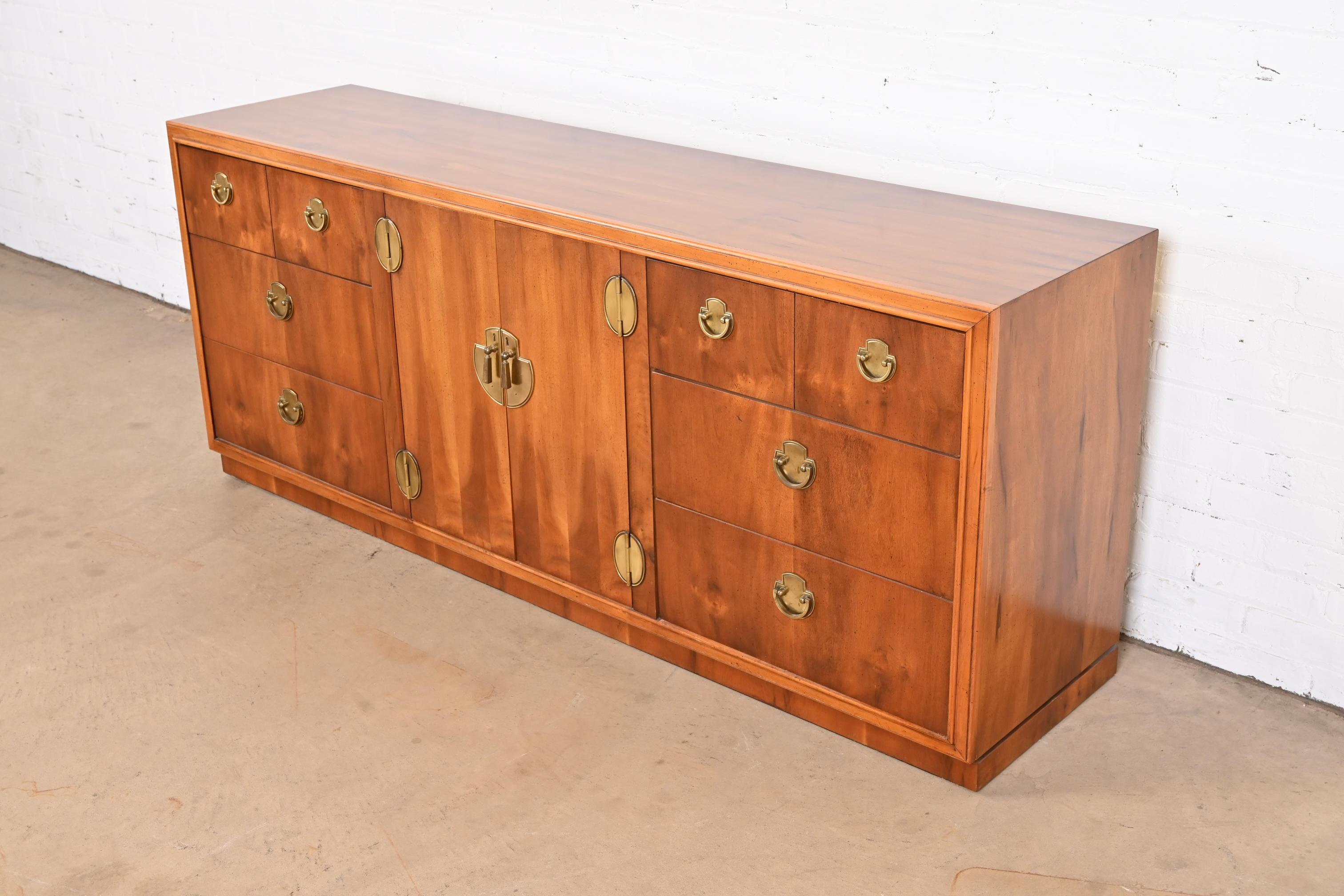 American Lane Furniture Hollywood Regency Campaign Yew Wood Long Dresser or Credenza For Sale