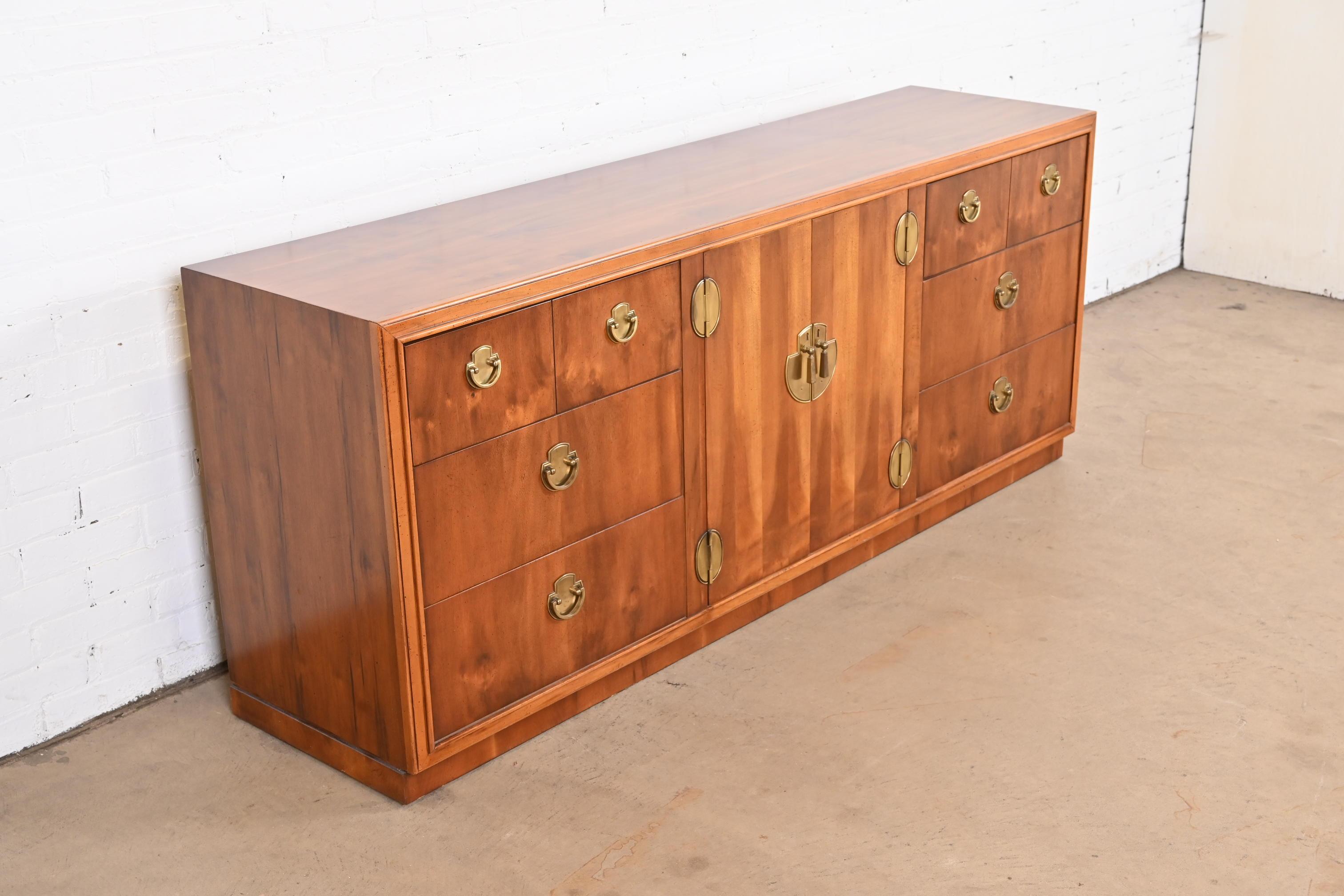 Lane Furniture Hollywood Regency Campaign Yew Wood Long Dresser or Credenza In Good Condition For Sale In South Bend, IN