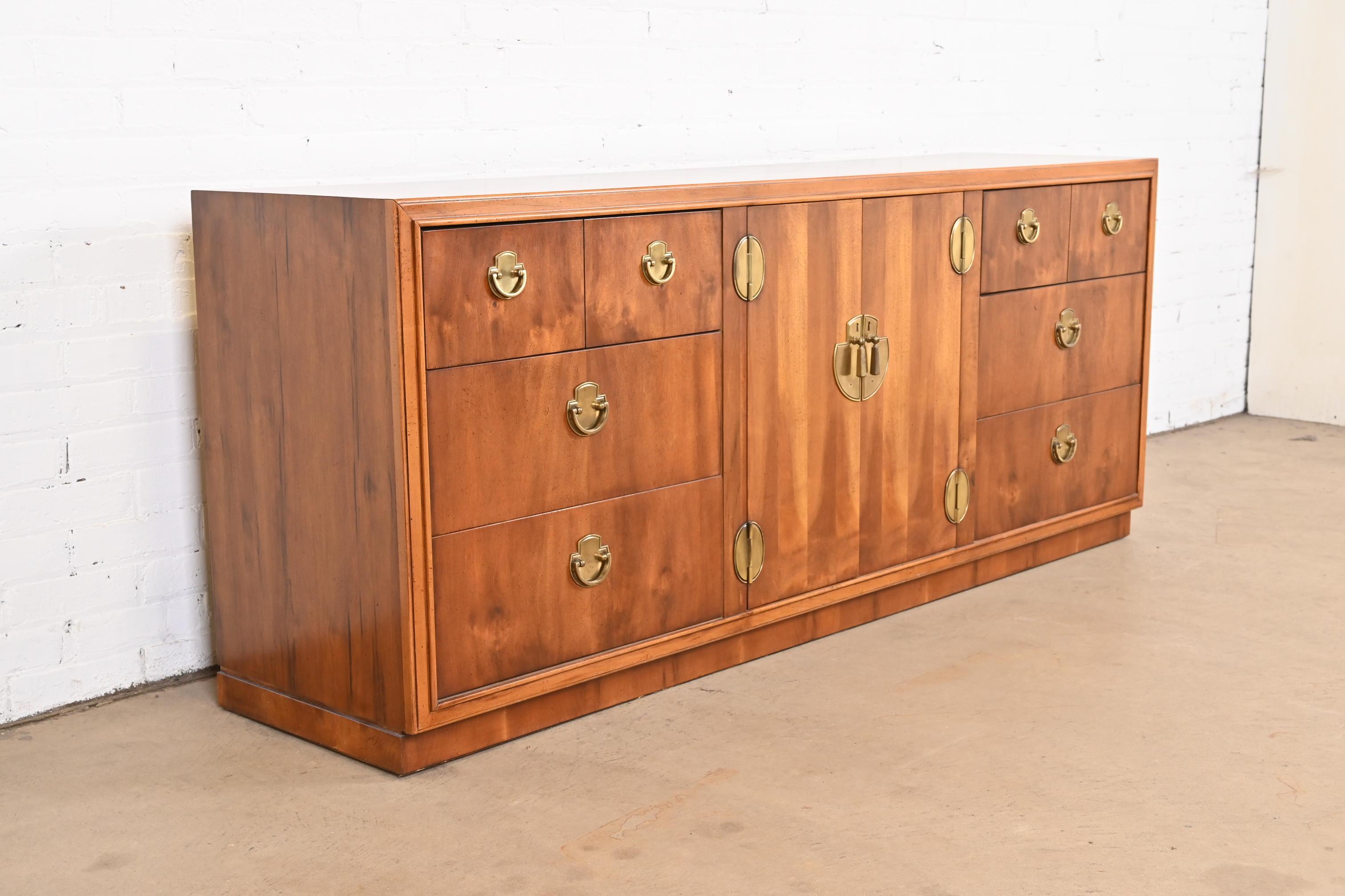 Lane Furniture Hollywood Regency Campaign Yew Wood Long Dresser or Credenza In Good Condition For Sale In South Bend, IN