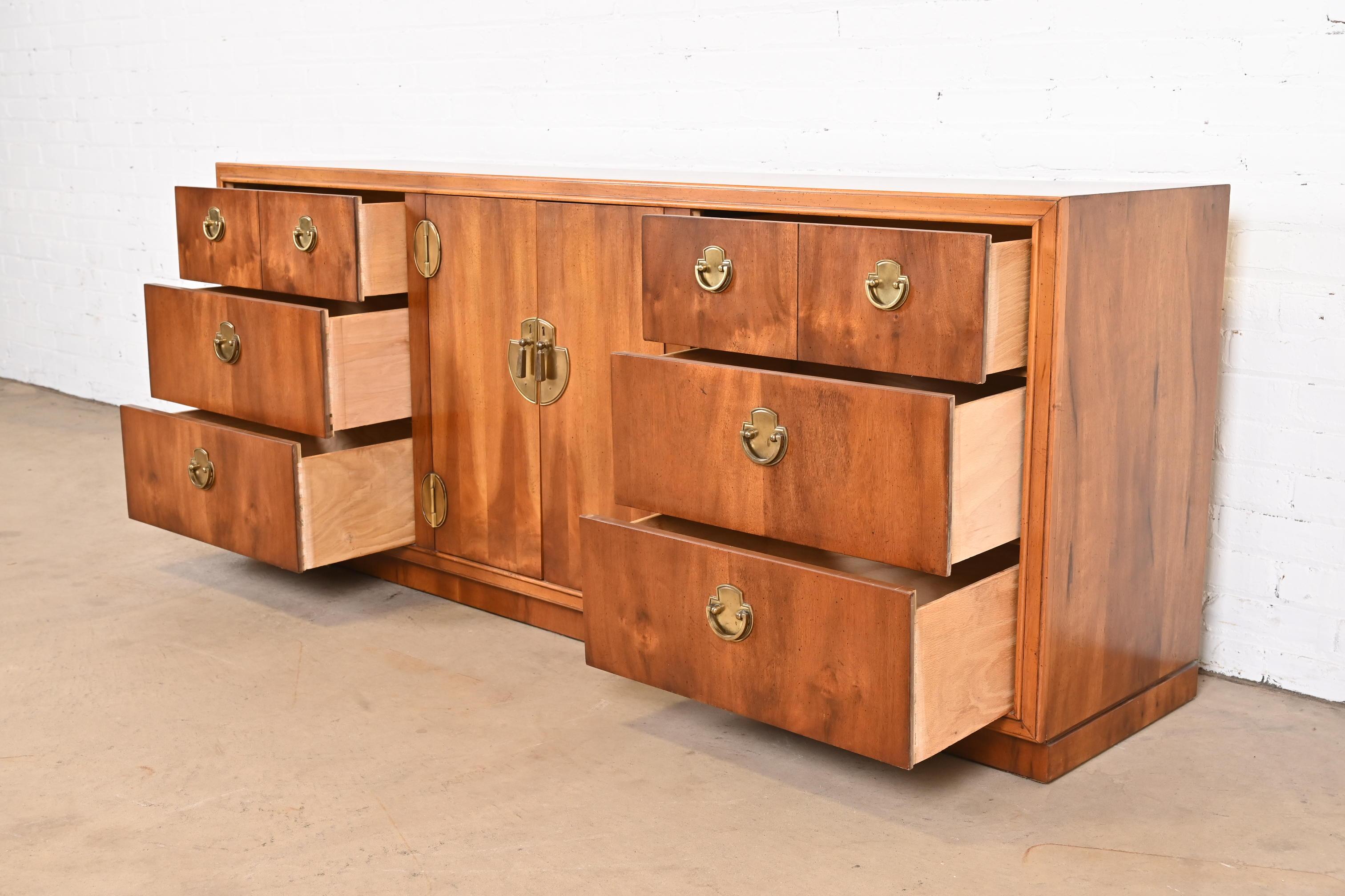 Brass Lane Furniture Hollywood Regency Campaign Yew Wood Long Dresser or Credenza For Sale