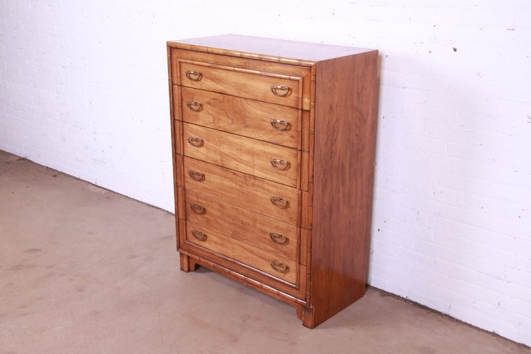 Lane Furniture Mid-Century Modern Walnut and Faux Bamboo Highboy Dresser In Good Condition For Sale In South Bend, IN