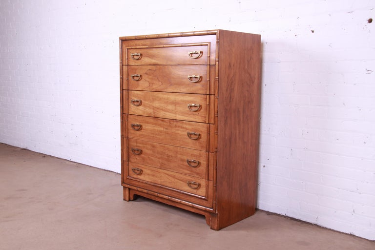 20th Century Lane Furniture Mid-Century Modern Walnut and Faux Bamboo Highboy Dresser For Sale