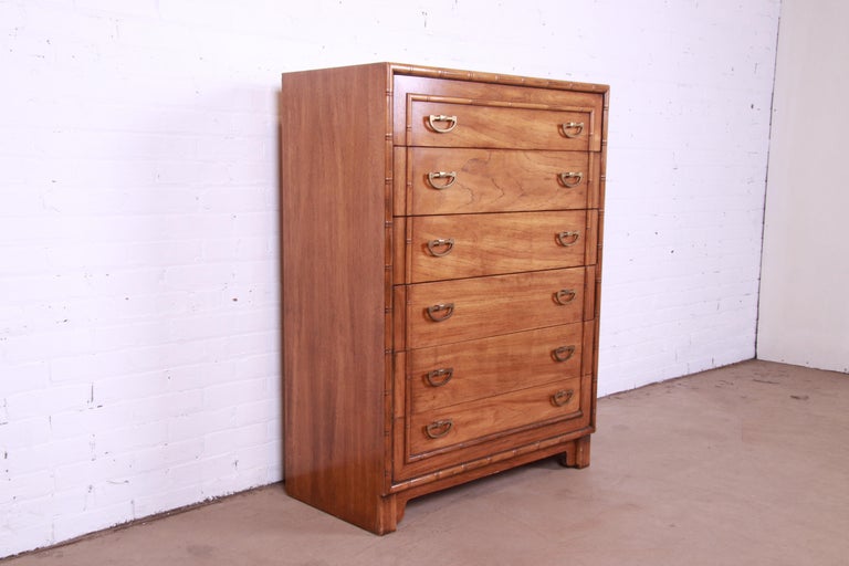 Lane Furniture Mid-Century Modern Walnut and Faux Bamboo Highboy Dresser For Sale 1