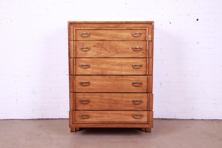 Lane Furniture Mid-Century Modern Walnut and Faux Bamboo Highboy Dresser For Sale 2