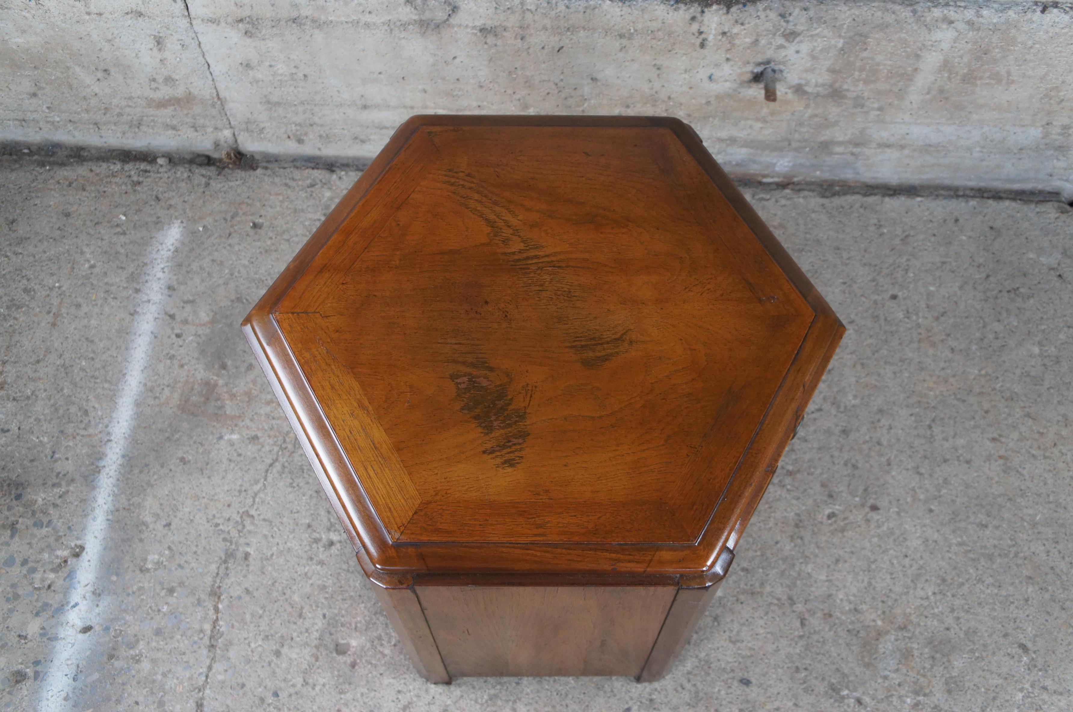 Lane Furniture Mid Century Walnut Chinoiserie Hexagon Drum Tables Side Cabinets 5