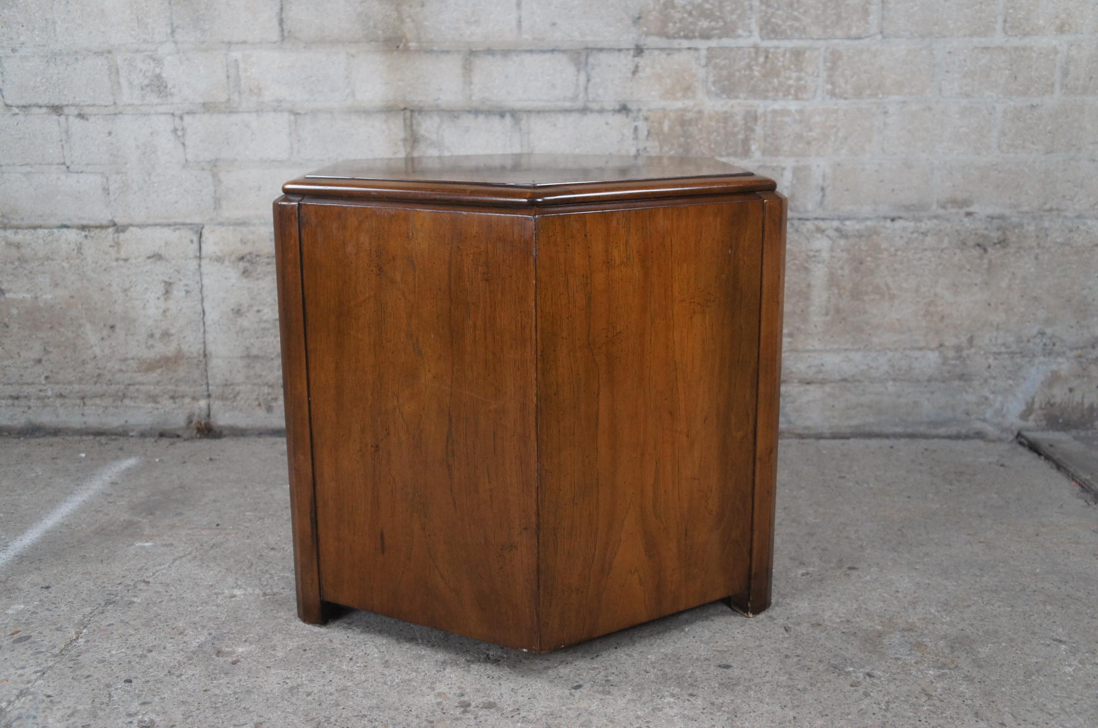 Lane Furniture Mid Century Walnut Chinoiserie Hexagon Drum Tables Side Cabinets 6