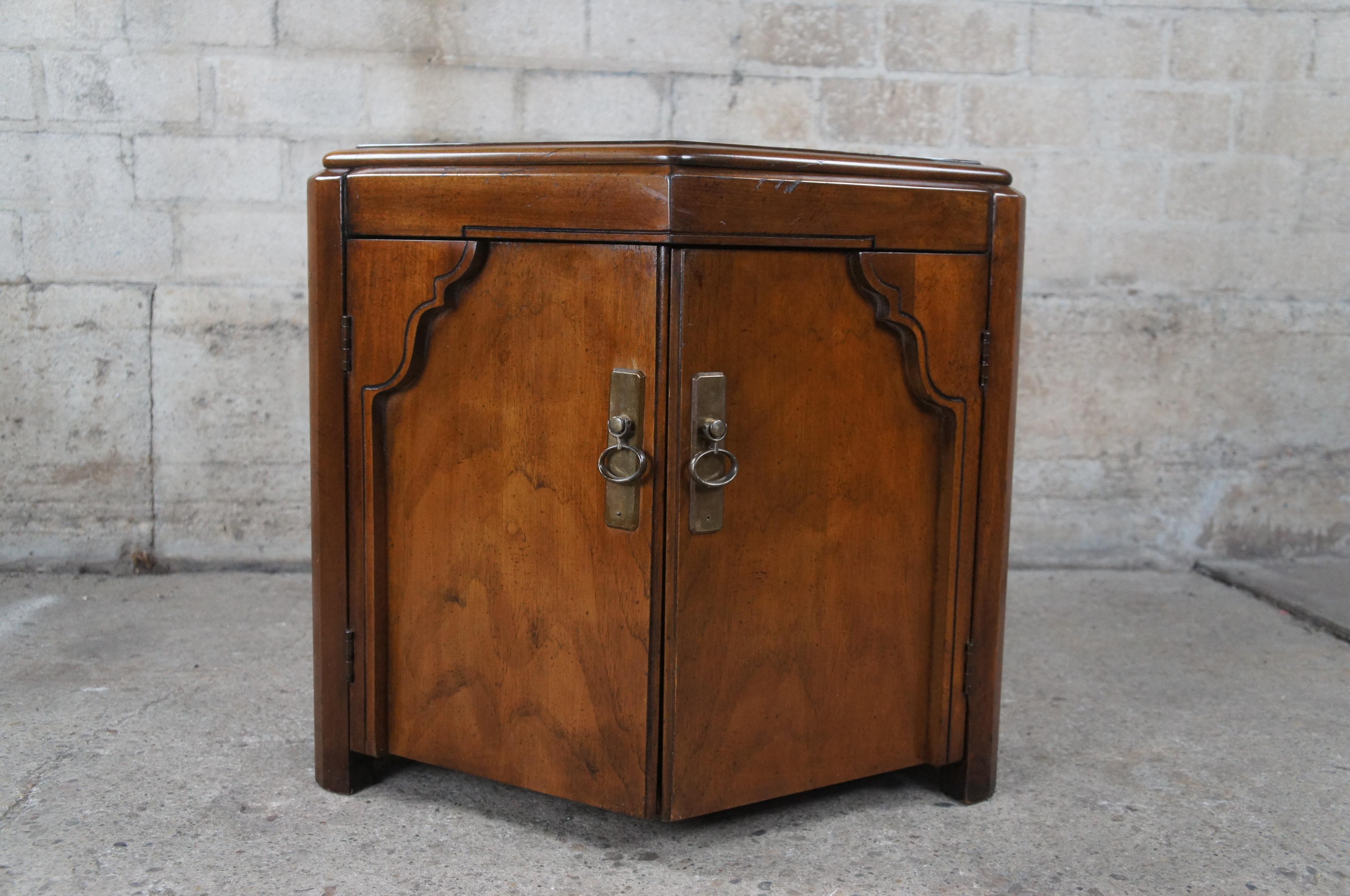 Lane Furniture Mid Century Walnut Chinoiserie Hexagon Drum Tables Side Cabinets 7