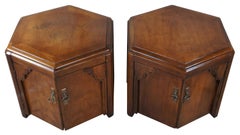 Lane Furniture Mid Century Walnut Chinoiserie Hexagon Drum Tables Side Cabinets