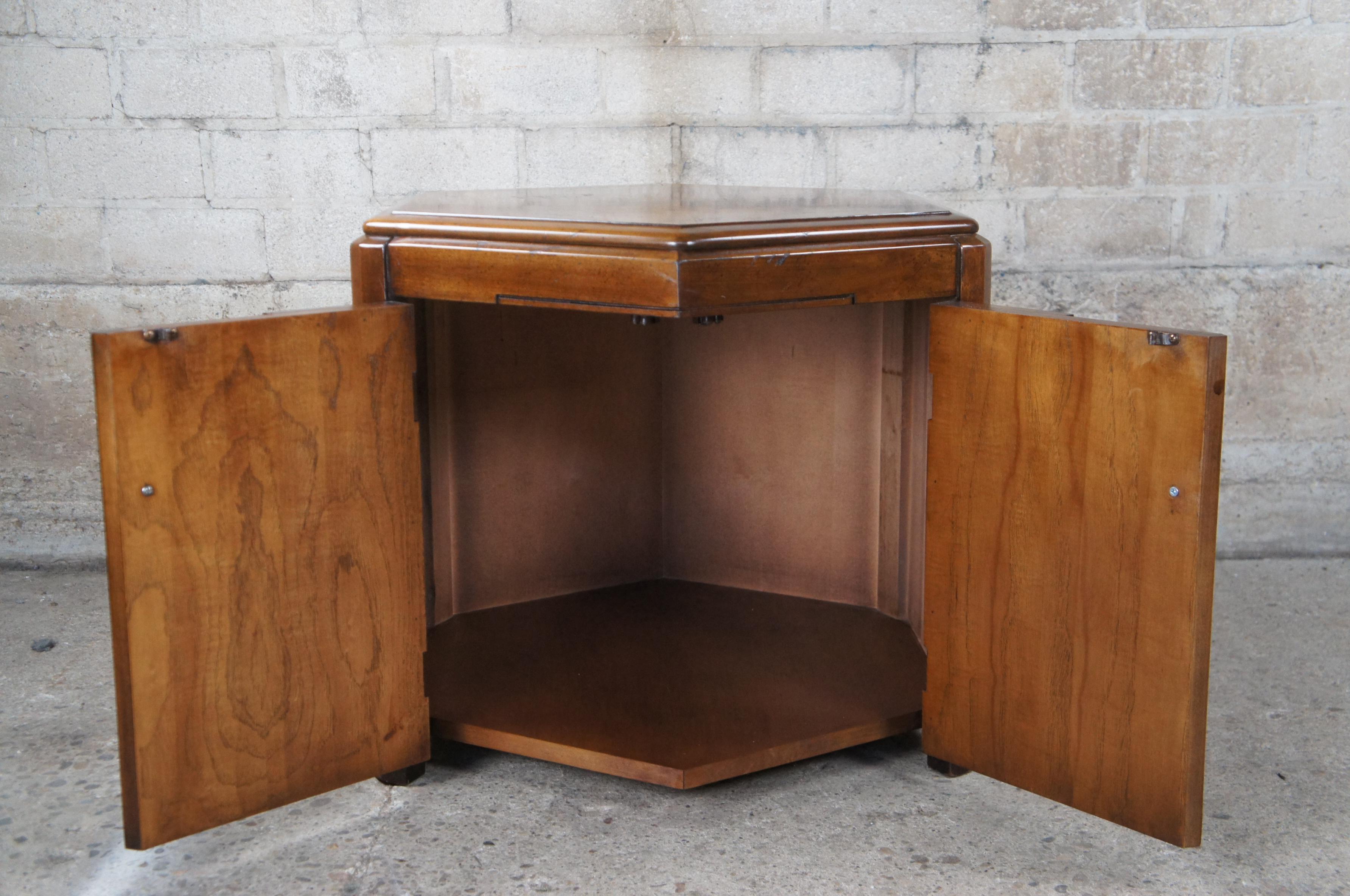 Lane Furniture Mid Century Walnut Chinoiserie Hexagon Drum Tables Side Cabinets 3