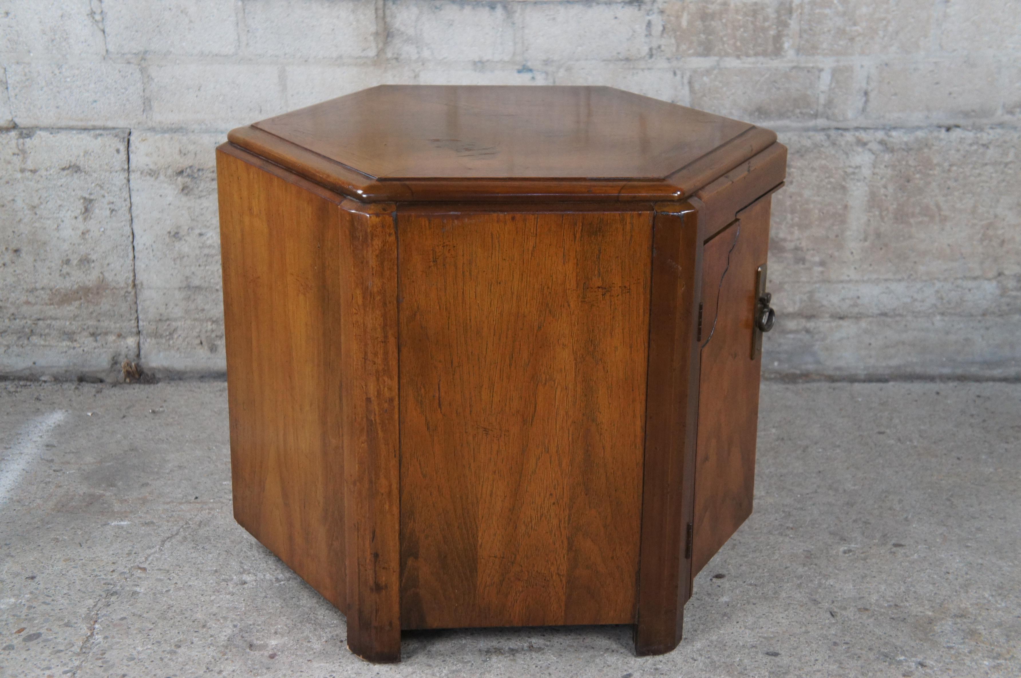 Lane Furniture Mid Century Walnut Chinoiserie Hexagon Drum Tables Side Cabinets 4