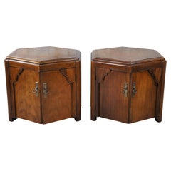 Lane Furniture Mid Century Walnut Chinoiserie Hexagon Drum Tables Side Cabinets