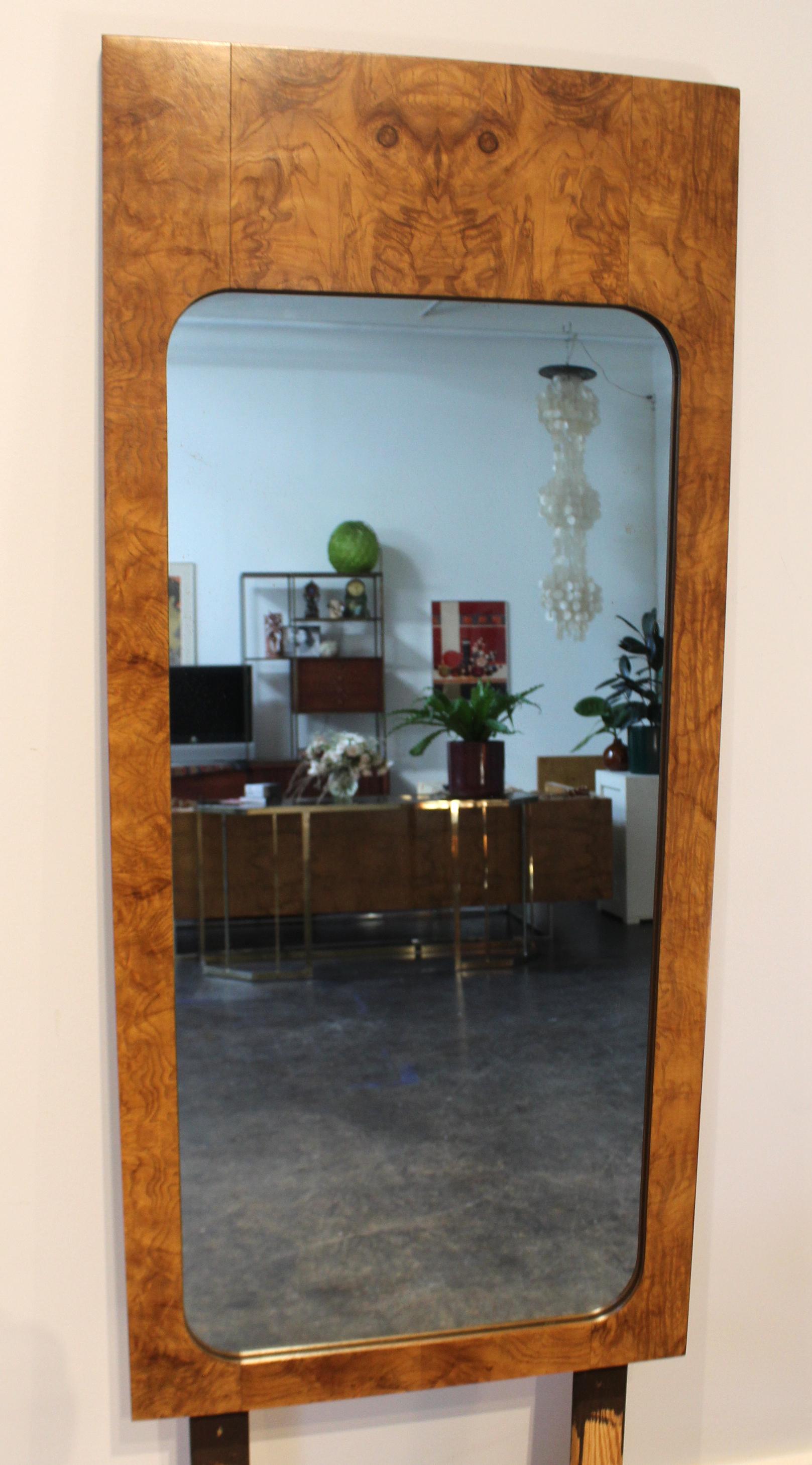 Beautiful 1970s burl wood mirror. Originally designed by Roland Carter for Lane Furniture, this 