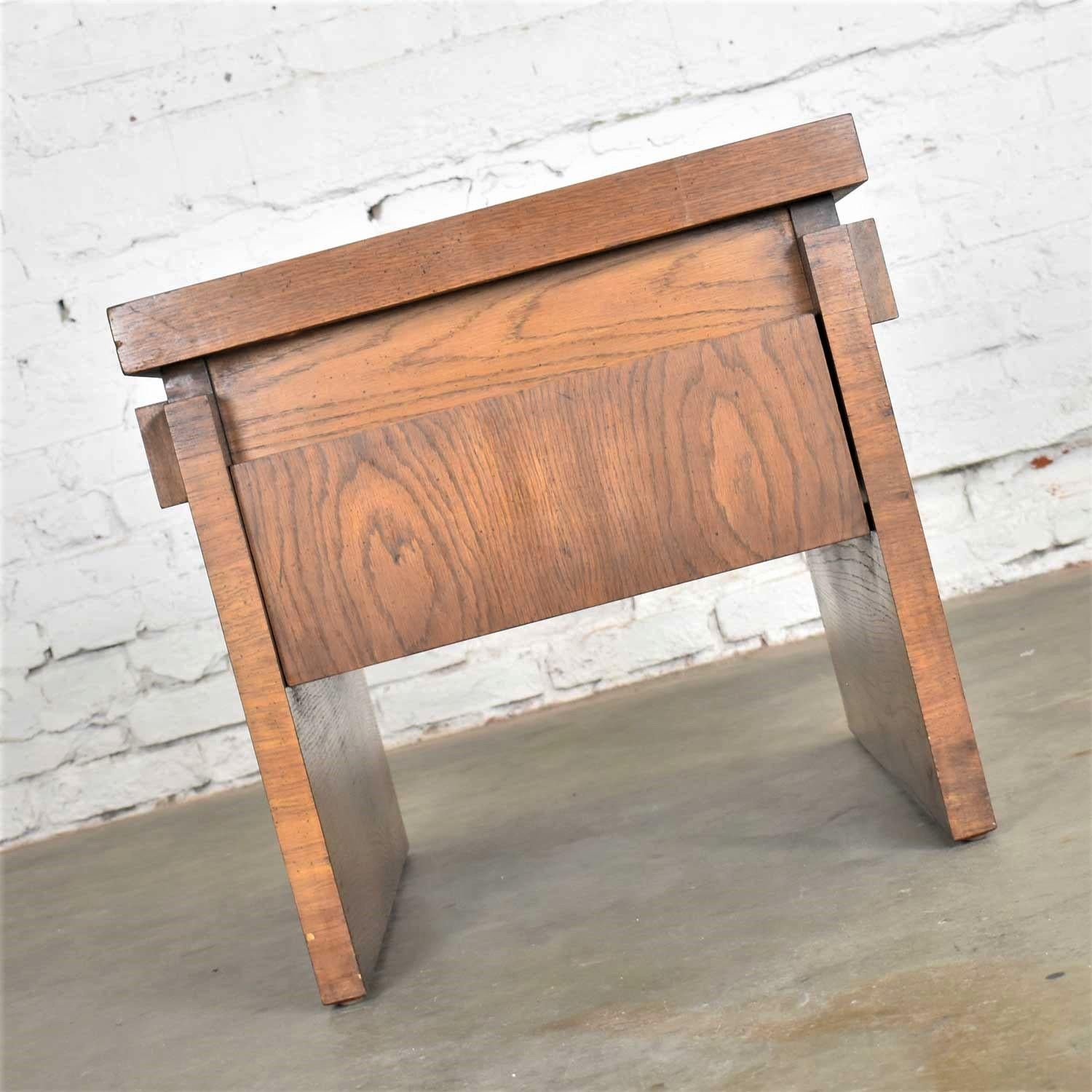 American Lane Furniture Modern Brutalist Chunky Oak Parquet Side Table or End Table, 1977