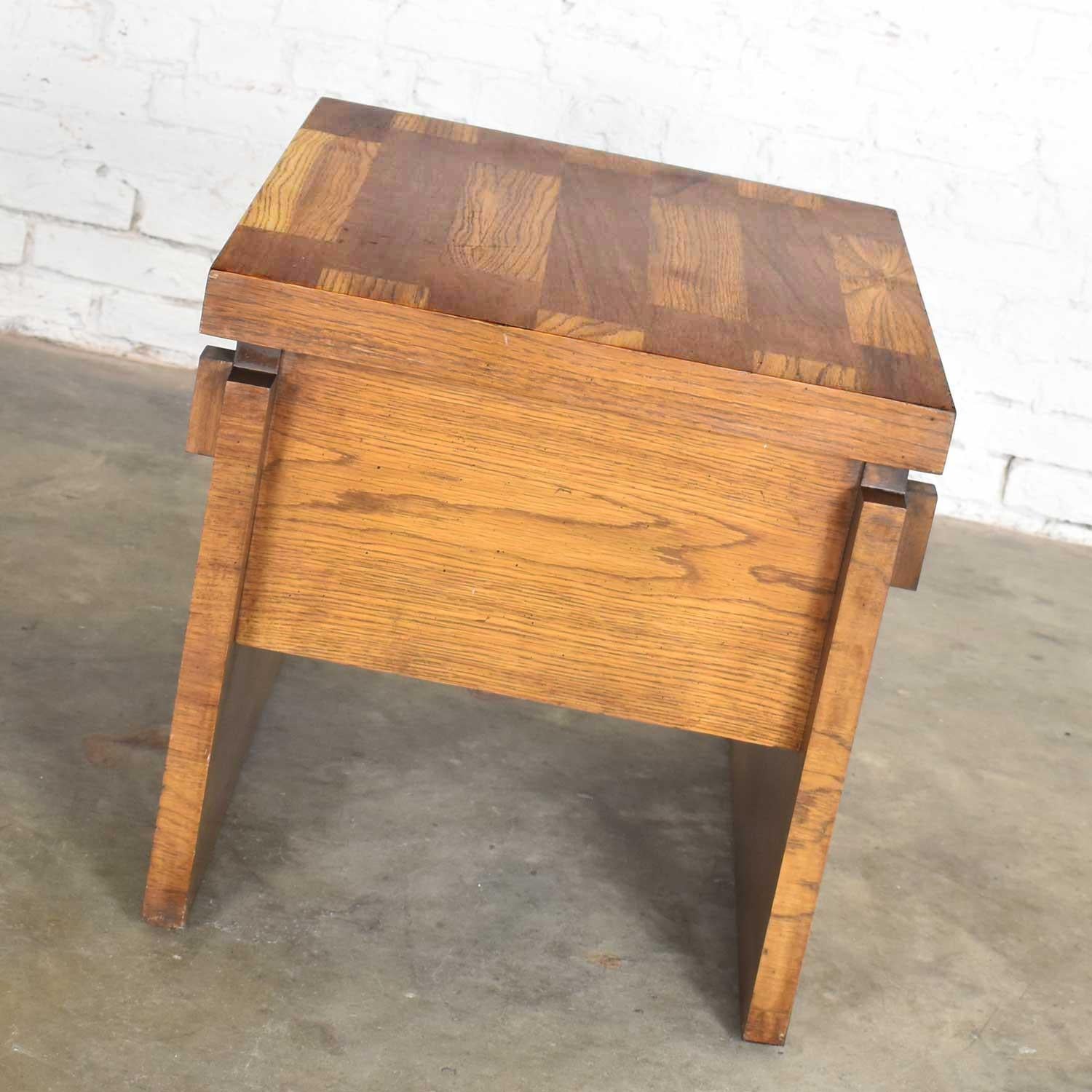 Late 20th Century Lane Furniture Modern Brutalist Chunky Oak Parquet Side Table or End Table, 1977