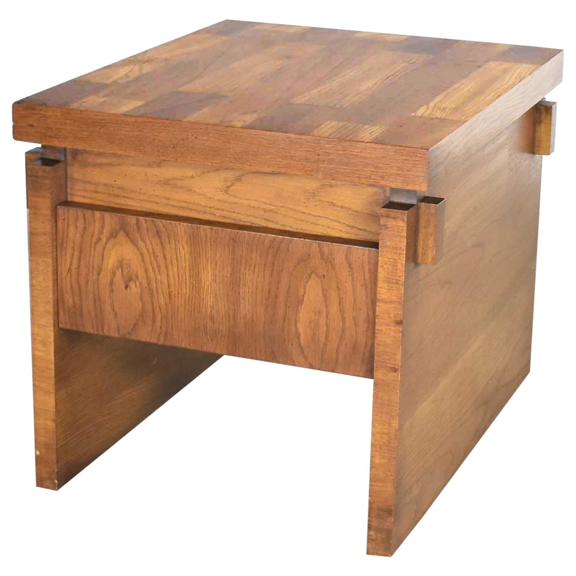 Lane Furniture Modern Brutalist Chunky Oak Parquet Side Table or End Table, 1977