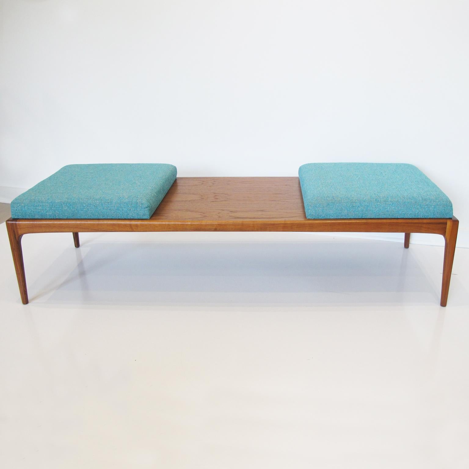 Mid-Century Modern Lane Furniture Modernist Turquoise Fabric Upholstered Long Walnut Bench