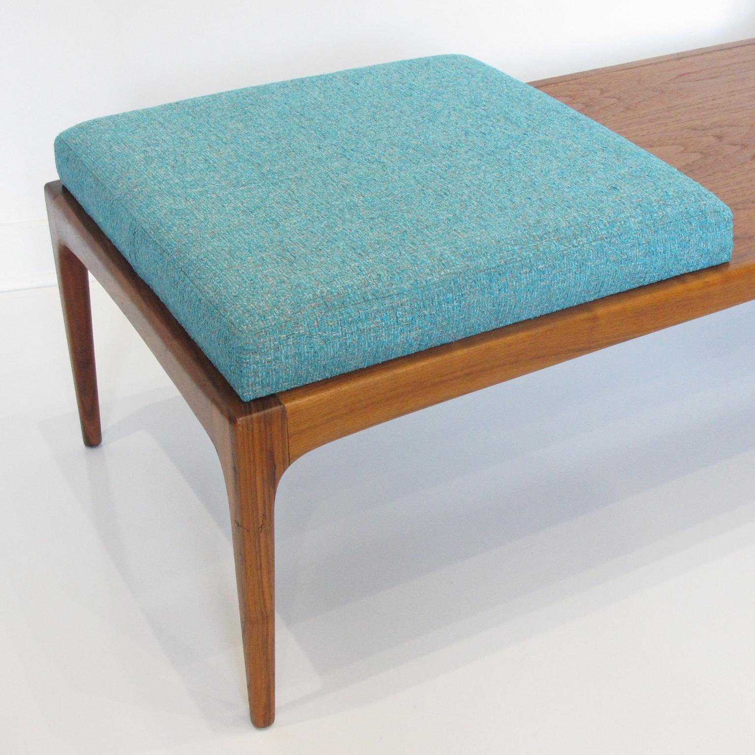 American Lane Furniture Modernist Turquoise Fabric Upholstered Long Walnut Bench