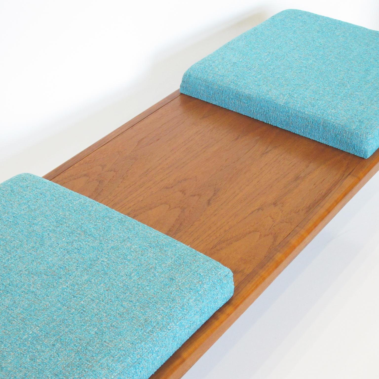 20th Century Lane Furniture Modernist Turquoise Fabric Upholstered Long Walnut Bench