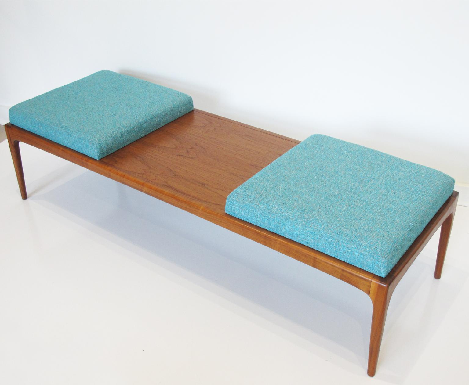 Lane Furniture Modernist Turquoise Fabric Upholstered Long Walnut Bench 1