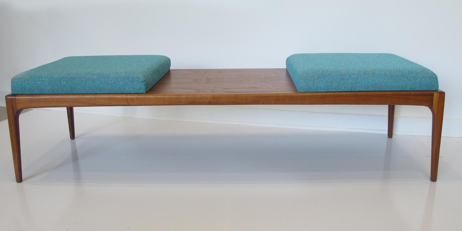Lane Furniture Modernist Turquoise Fabric Upholstered Long Walnut Bench 3