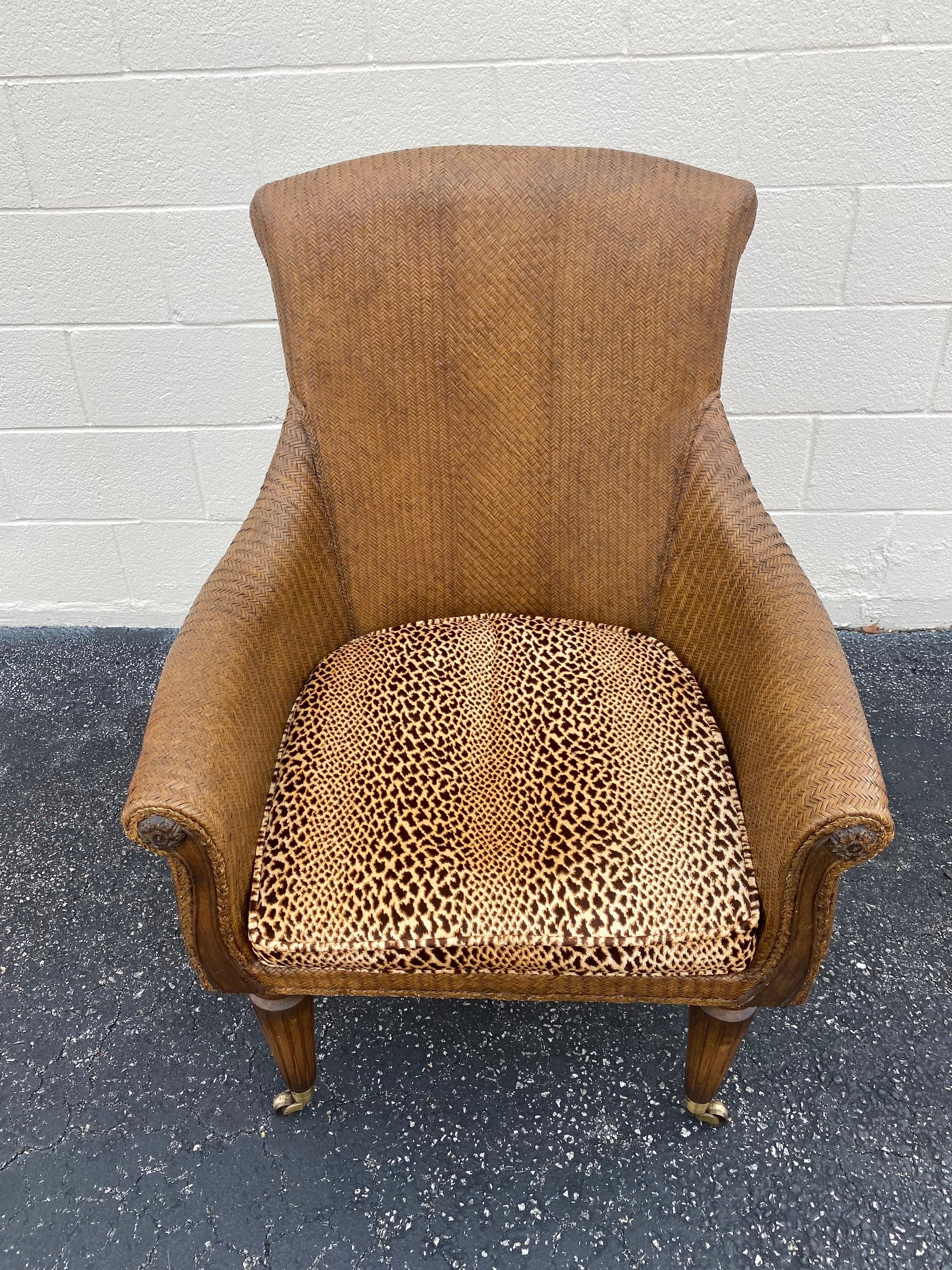American Lane Furniture Rattan Wood Leopard Chair on Castors For Sale