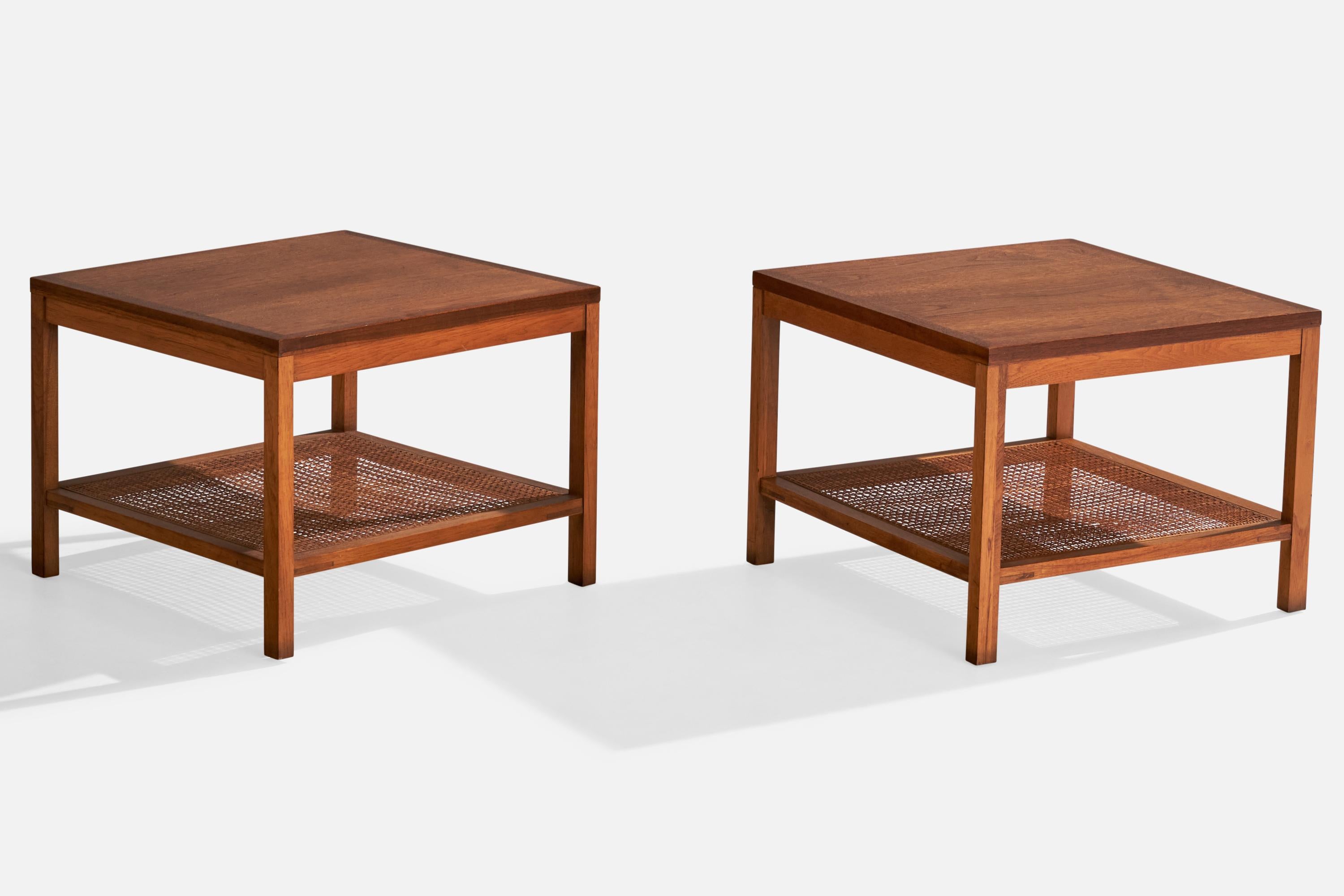 A pair of stained oak and cane side tables produced by Lane Furniture, USA, c. 1970s.

Dimensions: 15.25” H x 20” W x 20” D