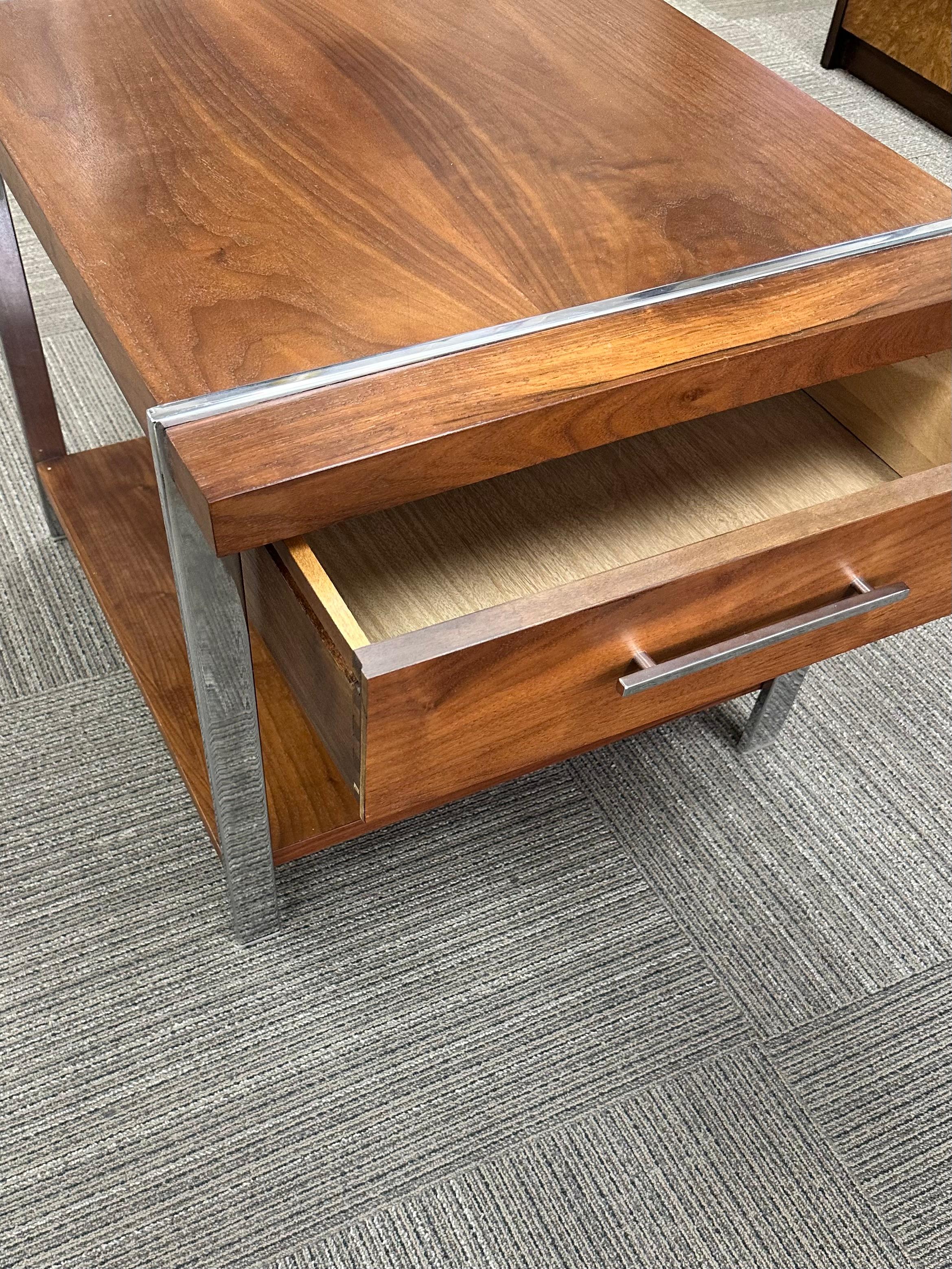 American Lane Furniture Walnut, Rosewood, and Chrome End Table For Sale